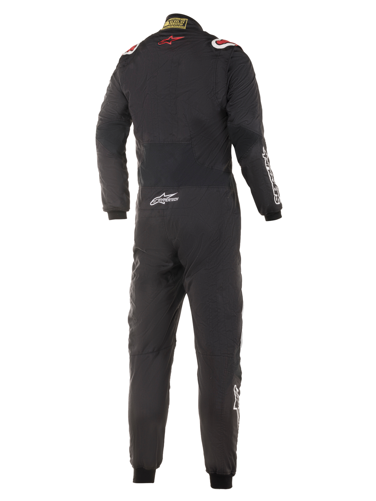 Alpinestars Hypertech-pak, autoracepak, zwart met rode en witte accenten, achteraanzicht met rood sterlogo op de bovenrug, Hypertech-branding op de onderrug, professioneel eendelig ontwerp voor de autosport