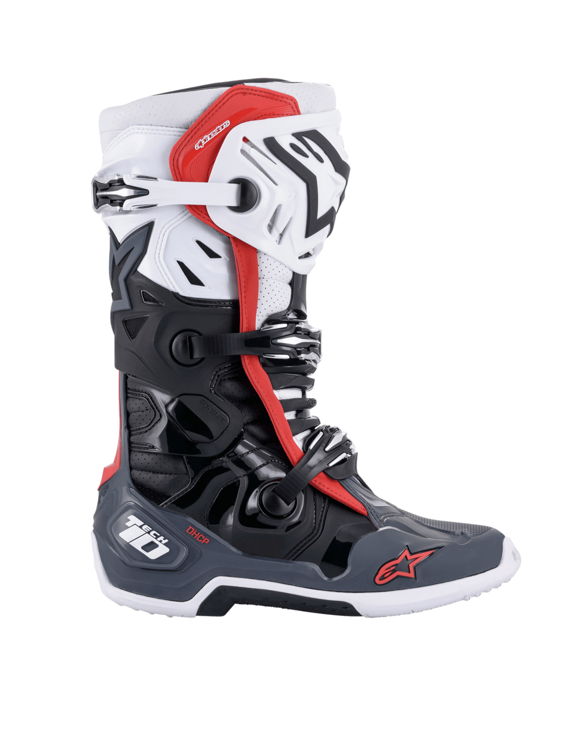 Alpinestars Tech 10 Supervented laarzen, motorcross race-laarzen, zwart, wit, middelgrijs en rood, met een drievoudig gespsluitingssysteem, geventileerde TPU-schaal en duurzaam zoolontwerp met Alpinestars-branding voor off-road prestaties.