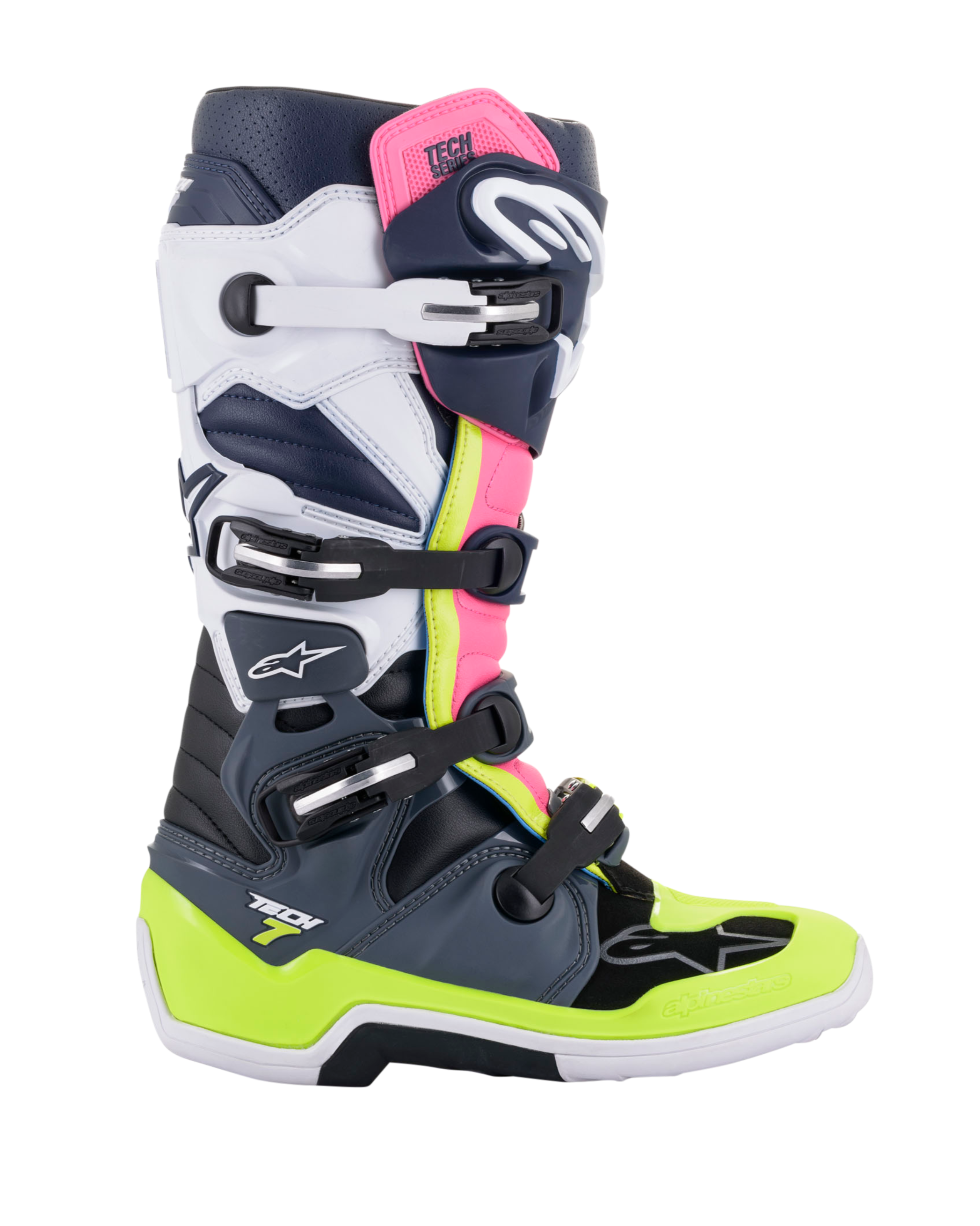 Alpinestars Tech 7 Boots, Motocross Boots, Dark Gray, Dark Blue, and Pink Fluo, four-buckle closure system with neon yellow and white accents, protective construction with reinforced sole, professional off-road racing gear