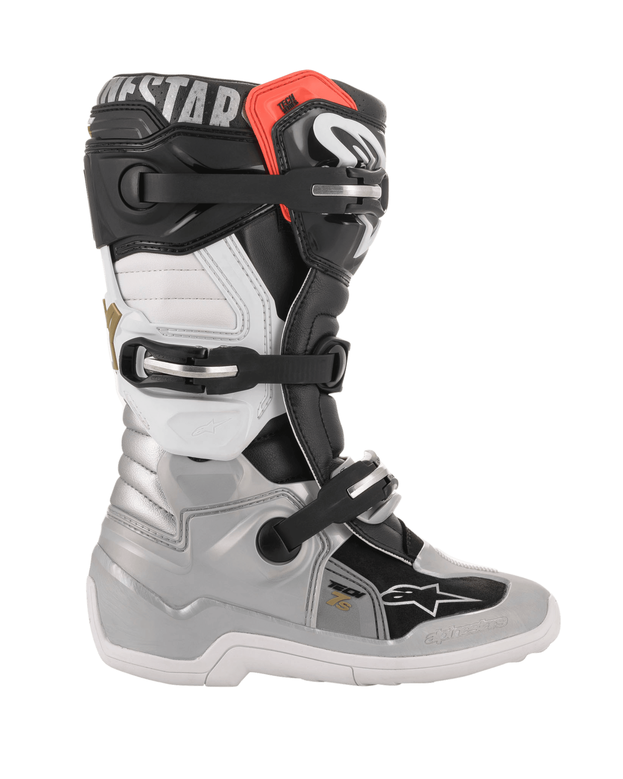 Alpinestars Youth Tech 7S laarzen, motorcrosslaarzen, zwart, zilver, wit en goud, zijaanzicht met zilveren onderste schaal, zwarte en witte bovenpanelen, rood accent aan de bovenrand en een sluitingssysteem met drie gespen