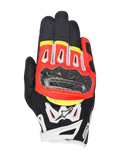Alpinestars SMX-2 Air Carbon V2 handschoenen, motorhandschoenen met kort manchet, zwart met fluor rood, witte en gele accenten, voorzien van carbon knokkelbescherming, 3D-mesh panelen voor ventilatie en een leren constructie, sportief ontwerp voor rijden op de weg