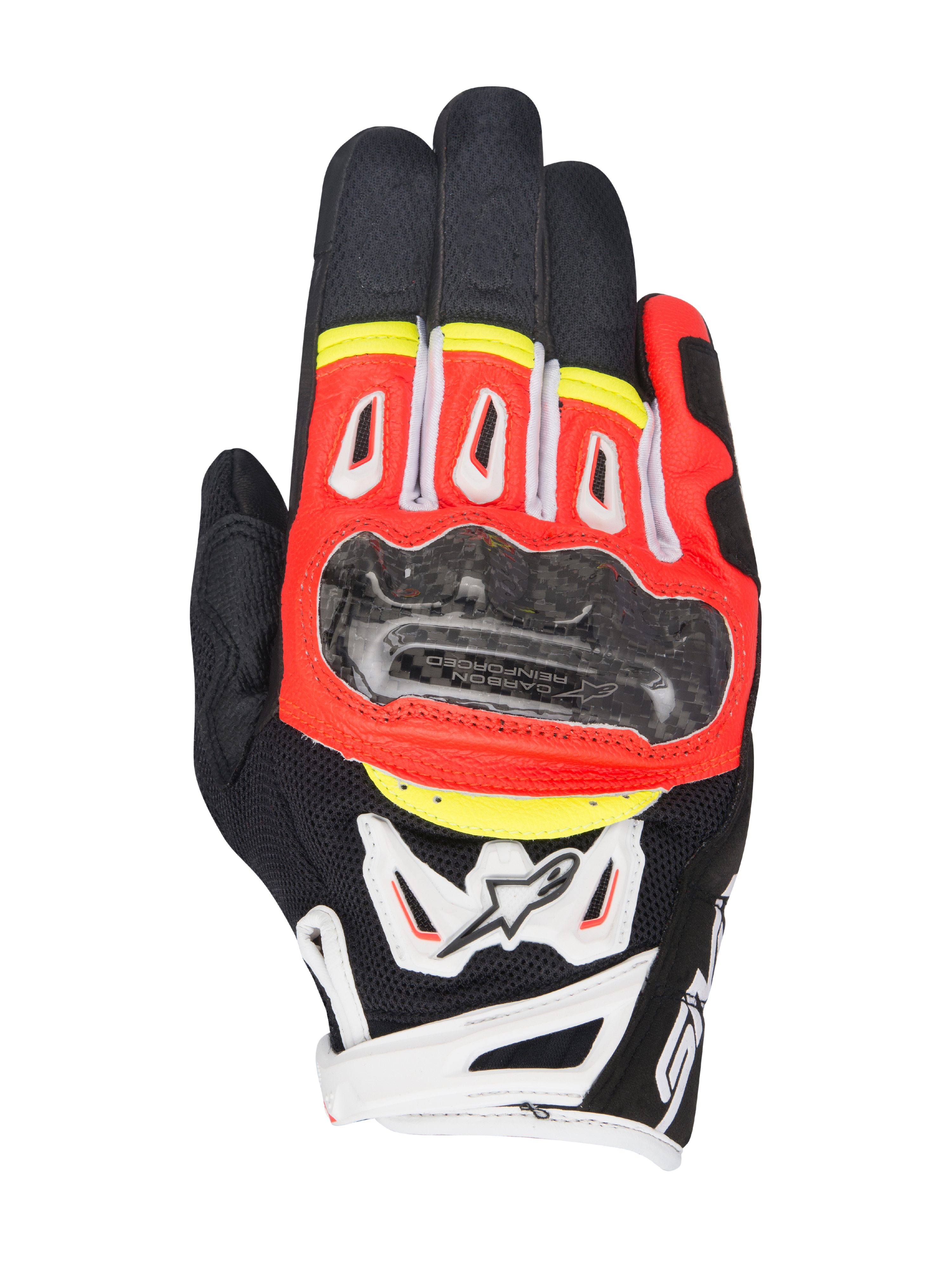 Alpinestars SMX-2 Air Carbon V2 handschoenen, motorhandschoenen met kort manchet, zwart met fluor rood, witte en gele accenten, voorzien van carbon knokkelbescherming, 3D-mesh panelen voor ventilatie en een leren constructie, sportief ontwerp voor rijden op de weg
