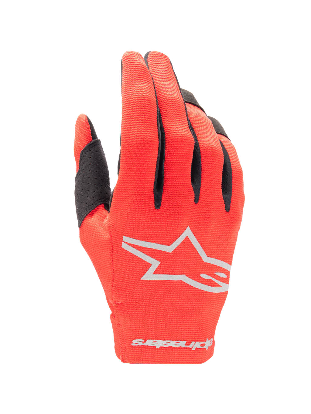 Alpinestars 2025 Radar handschoenen, motorcross handschoenen, Mars rood en zilver, bovenaanzicht van de handrug met een zilveren ster-logo, zwarte vingeraccenten en flexibele stretchstof voor off-road racen
