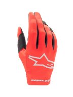 Alpinestars 2025 Radar handschoenen, motorcross handschoenen, Mars rood en zilver, bovenaanzicht van de handrug met een zilveren ster-logo, zwarte vingeraccenten en flexibele stretchstof voor off-road racen