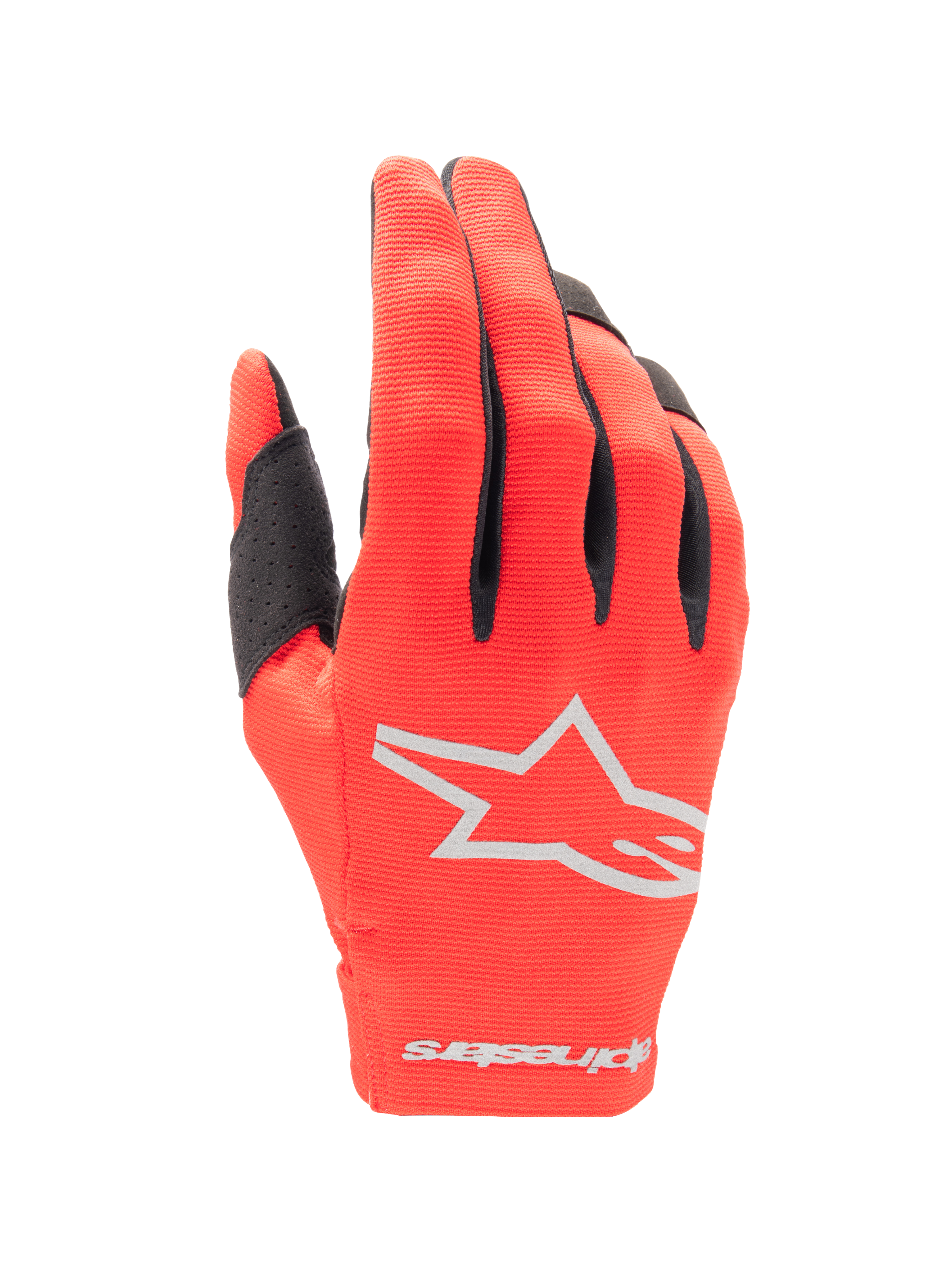 Alpinestars 2025 Radar handschoenen, motorcross handschoenen, Mars rood en zilver, bovenaanzicht van de handrug met een zilveren ster-logo, zwarte vingeraccenten en flexibele stretchstof voor off-road racen