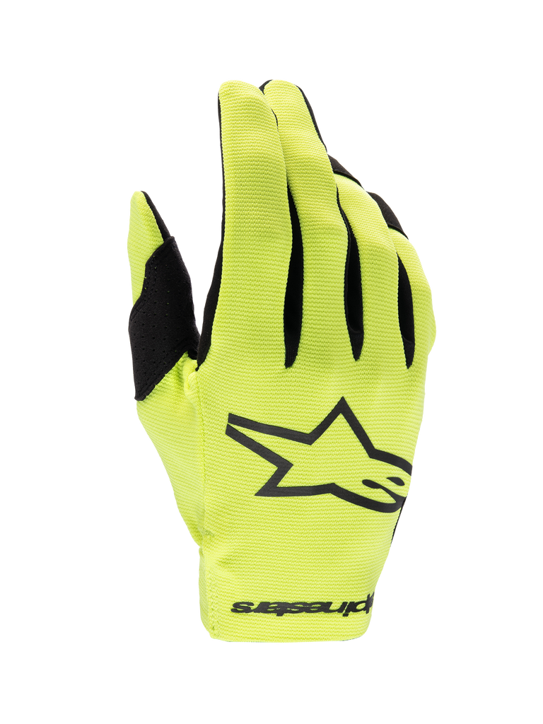 Alpinestars Radar handschoenen 2025, motocrosshandschoenen voor heren, geel fluo en zwart, lichtgewicht enkellaags textiel.