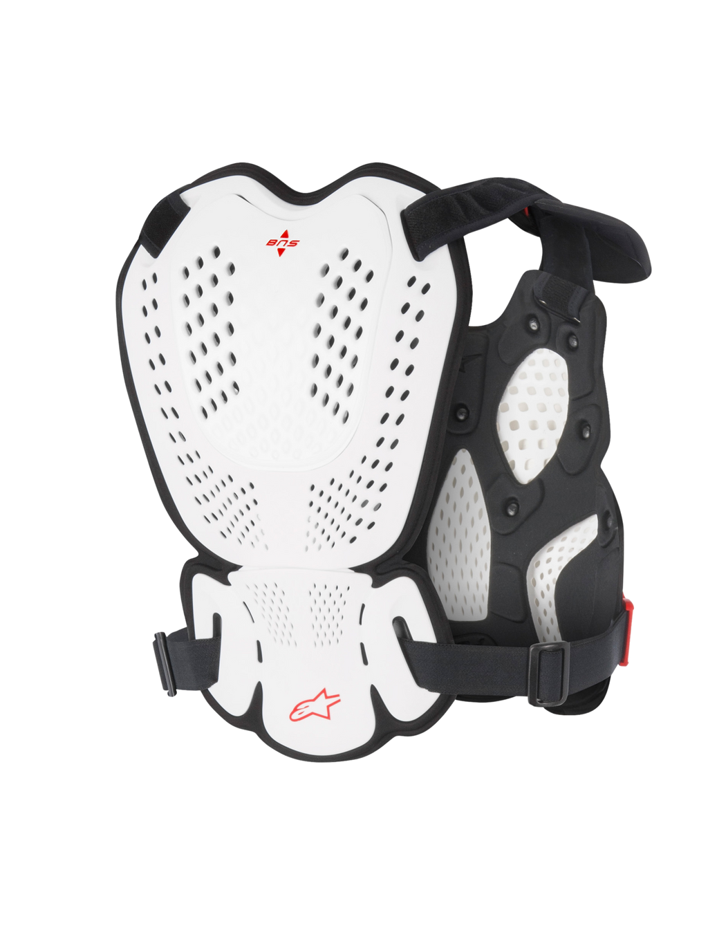 Alpinestars A-1 Roost Guard, motorcross borst- en rugbeschermer, wit en zwart met rood Alpinestars-logo, geperforeerde harde schaalplaten, bio-schuimvulling, achteraanzicht met beschermende dekking voor motorcross en off-road rijden