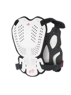 Alpinestars A-1 Roost Guard, motorcross borst- en rugbeschermer, wit en zwart met rood Alpinestars-logo, geperforeerde harde schaalplaten, bio-schuimvulling, achteraanzicht met beschermende dekking voor motorcross en off-road rijden