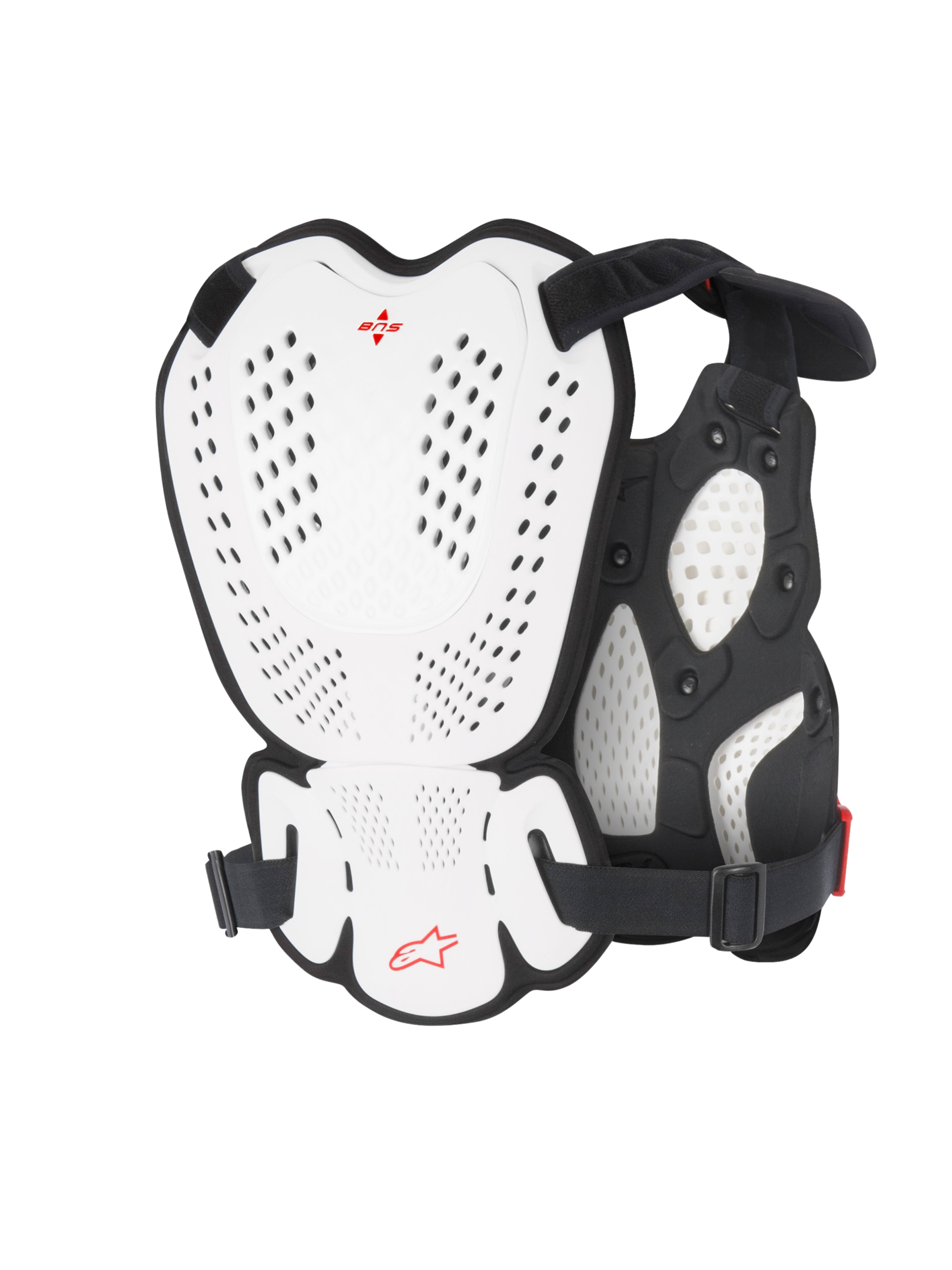 Alpinestars A-1 Roost Guard, motorcross borst- en rugbeschermer, wit en zwart met rood Alpinestars-logo, geperforeerde harde schaalplaten, bio-schuimvulling, achteraanzicht met beschermende dekking voor motorcross en off-road rijden