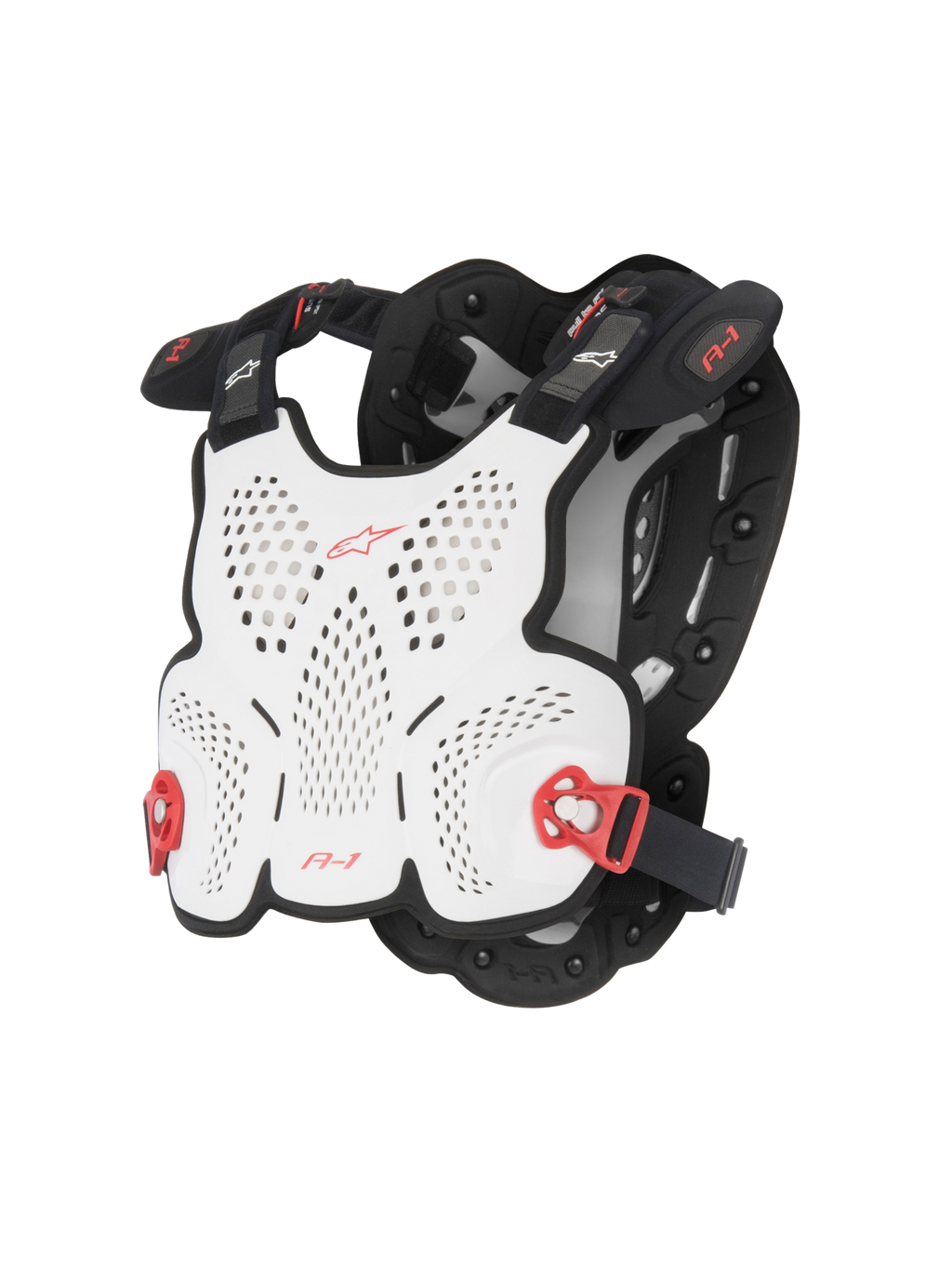 Alpinestars A-1 Roost Guard, borstbeschermer voor motorcross, wit en zwart met rode accenten, geperforeerde harde schaal voor ventilatie, rode verstelbare gespen aan de zijkant, lichtgewicht ergonomisch ontwerp voor off-road rijden