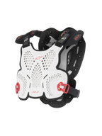 Alpinestars A-1 Roost Guard, borstbeschermer voor motorcross, wit en zwart met rode accenten, geperforeerde harde schaal voor ventilatie, rode verstelbare gespen aan de zijkant, lichtgewicht ergonomisch ontwerp voor off-road rijden