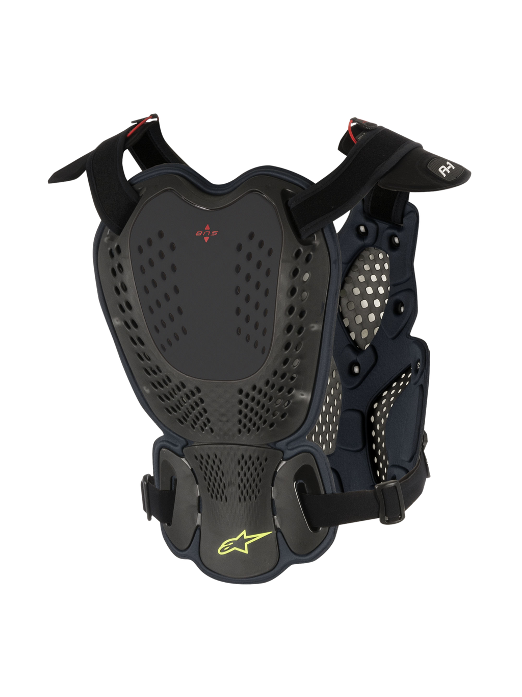 Alpinestars A-1 Roost Guard, motorcross borst- en rugbeschermer, Black Anthracite, achteraanzicht met geperforeerde harde schaalplaten, rood BNS-logo en limoengroen Alpinestars sterlogo met verstelbare banden voor off-road bescherming