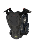 Alpinestars A-1 Roost Guard, motorcross borst- en rugbeschermer, Black Anthracite, achteraanzicht met geperforeerde harde schaalplaten, rood BNS-logo en limoengroen Alpinestars sterlogo met verstelbare banden voor off-road bescherming