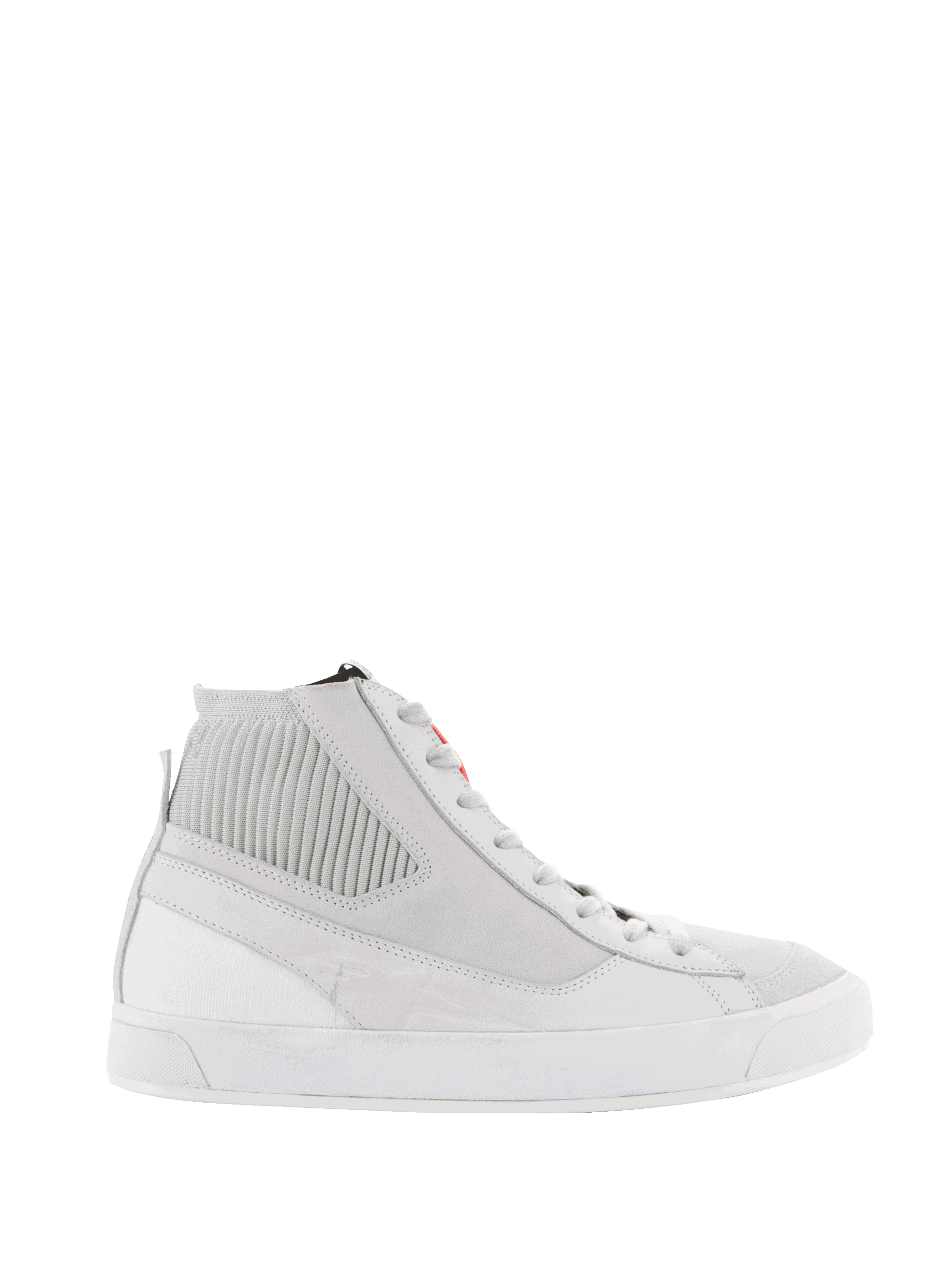 Alpinestars Stated Shoes, urban motorsneakers, wit en koel grijs, hoge sneaker met geribbelde gebreide enkelkraag, bovenwerk van nubuck en canvas, witte gevulkaniseerde rubberen zool, minimalistisch retro design met rood logodetail op de tong