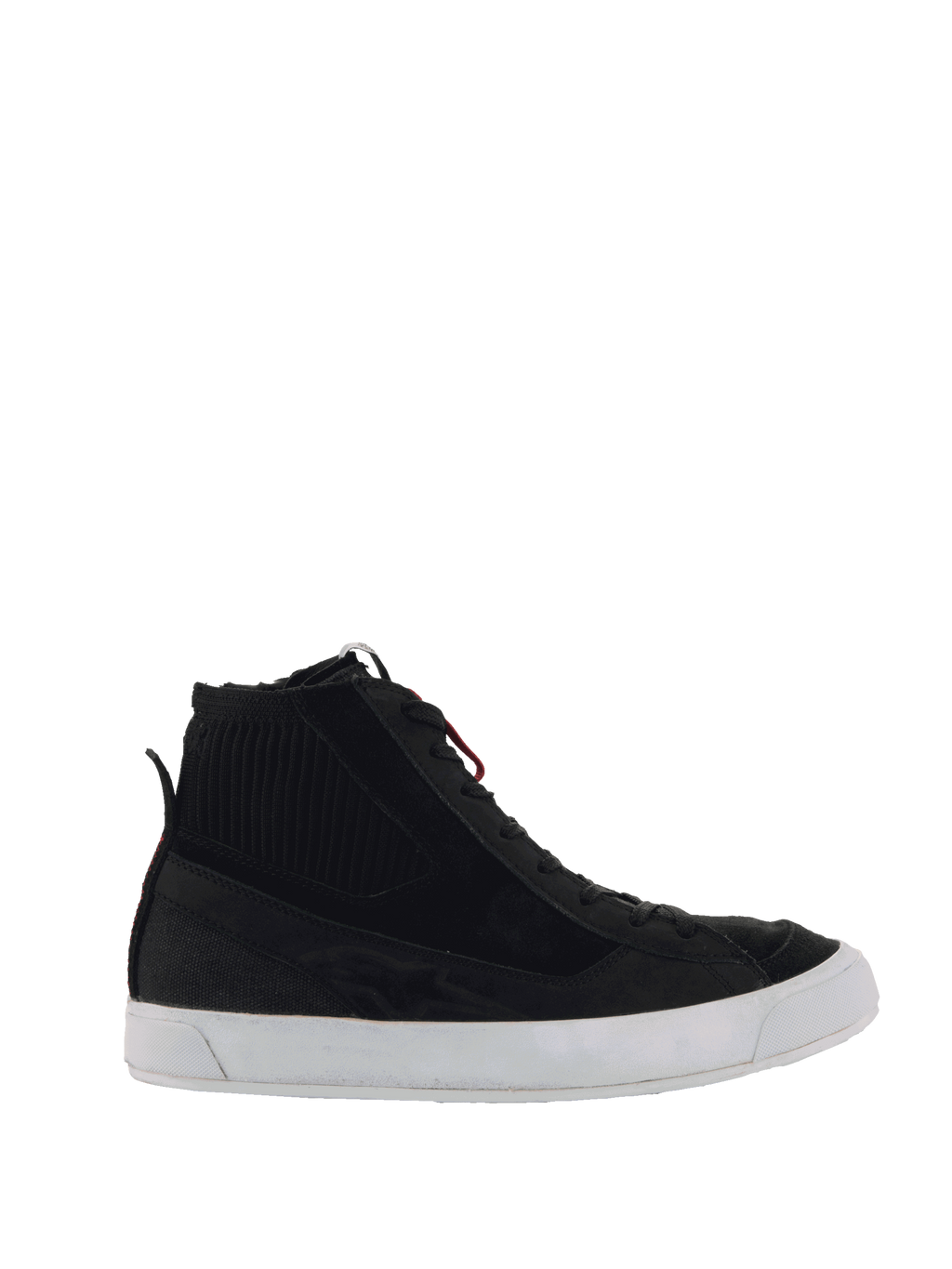 Alpinestars Stated Shoes, zwarte hoge motorsneakers, zwart en wit, geribbeld enkeldetail, rode veteraccenten, witte gevulkaniseerde zool, casual urban rijschoenen