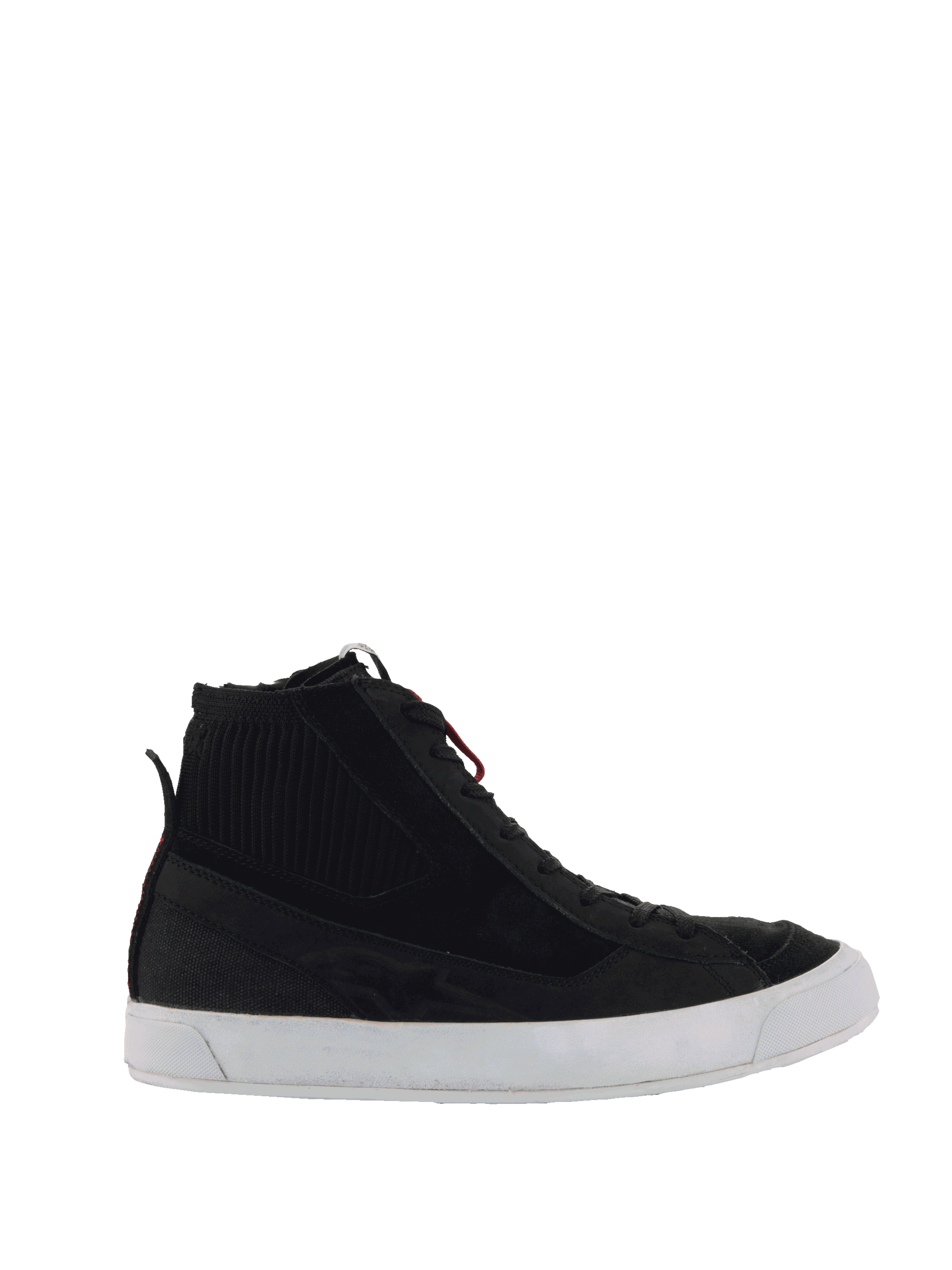 Alpinestars Stated Shoes, zwarte hoge motorsneakers, zwart en wit, geribbeld enkeldetail, rode veteraccenten, witte gevulkaniseerde zool, casual urban rijschoenen