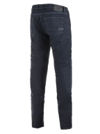 Alpinestars Copper Out V2 Riding Denim, motorjeans, Rinse Plus Blue, achteraanzicht met een reguliere rechte pasvorm, leren patch op de tailleband, donkere wassing denim voor stedelijk motorrijden