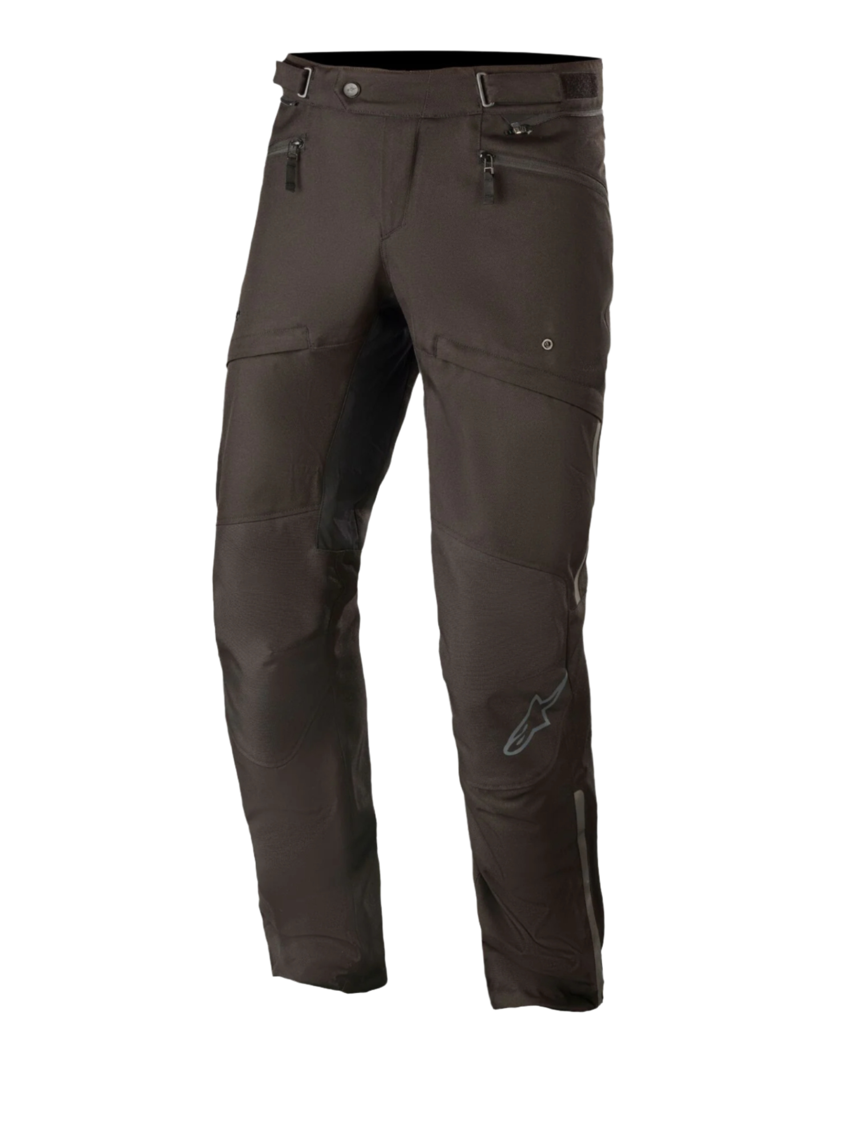 Alpinestars AST-1 V2 Waterproof Pants Long, Black Motorcycle Touring Pants, featuring zippered hip pockets and adjustable waist straps, pre-curved legs with reinforced knee panels, subtle grey logo on the shin, durable textile construction for all-weather road use