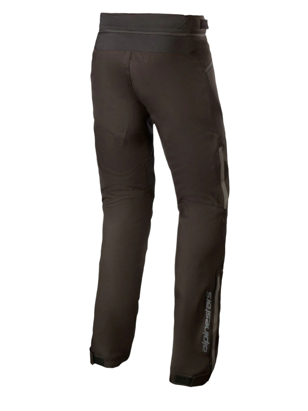 Alpinestars AST-1 V2 Waterproof Broek Lang, zwarte textiel motorbroek, achteraanzicht met reflecterende details en verticale branding op het onderbeen, duurzame all-weather motoruitrusting