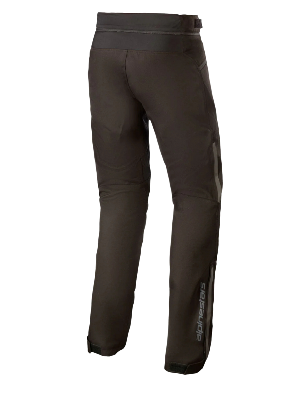 Alpinestars AST-1 V2 Waterproof Broek Lang, zwarte textiel motorbroek, achteraanzicht met reflecterende details en verticale branding op het onderbeen, duurzame all-weather motoruitrusting