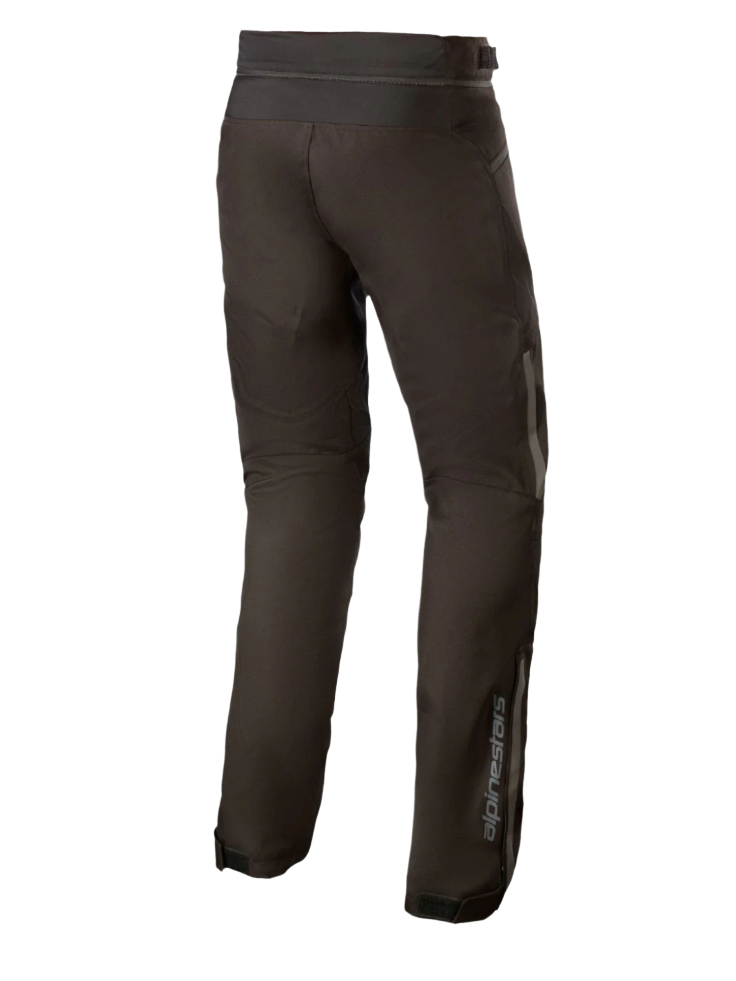 Alpinestars AST-1 V2 Waterproof Broek Lang, zwarte textiel motorbroek, achteraanzicht met reflecterende details en verticale branding op het onderbeen, duurzame all-weather motoruitrusting
