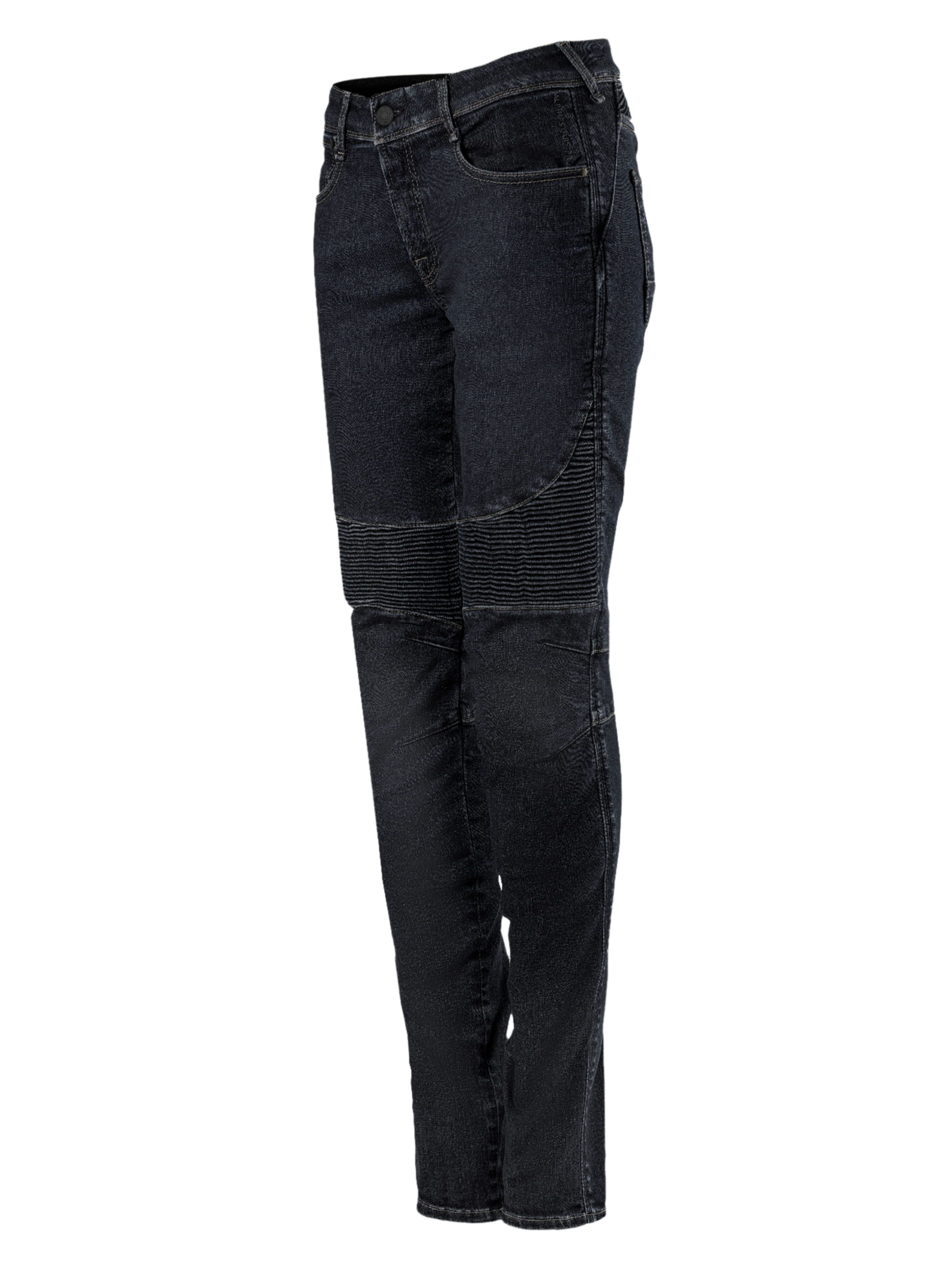 Alpinestars Stella Callie Denim, dames motorbroek, Black Waxed, slim fit met geribbelde accordeonpanelen boven de knieën, eigentijds urban design, zijaanzicht