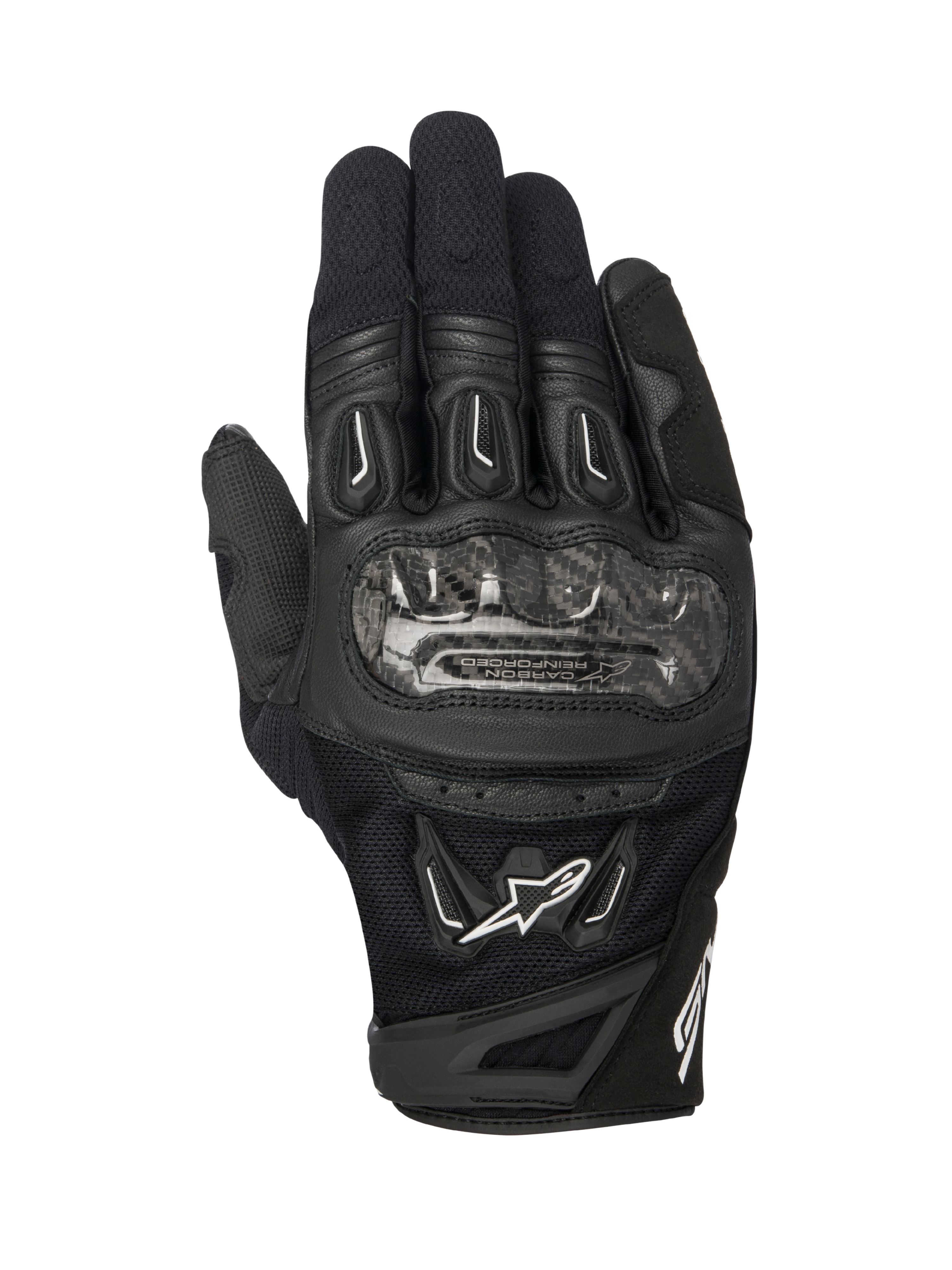 Alpinestars SMX-2 Air Carbon V2 handschoenen, zwarte motorhandschoenen, bovenaanzicht met carbonvezel knokkelbescherming, ademend 3D-mesh en leren panelen, wit Alpinestars-logo en kort manchetontwerp