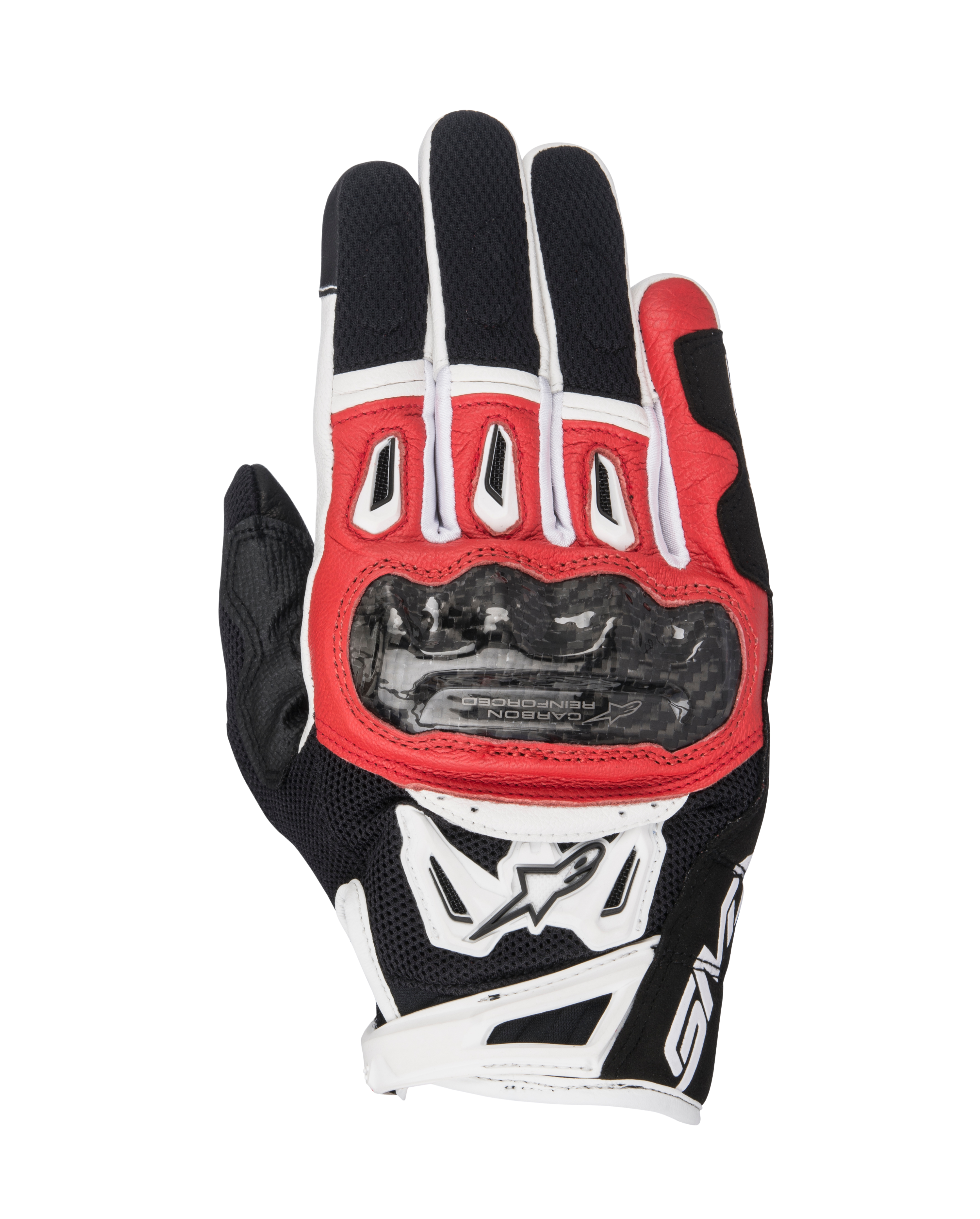 Alpinestars SMX-2 Air Carbon V2 handschoenen, motorhandschoenen, zwart, rood en wit, met carbon knokkelbeschermer, ademende 3D mesh panelen en Alpinestars-logo, kort manchetontwerp voor sportief rijden