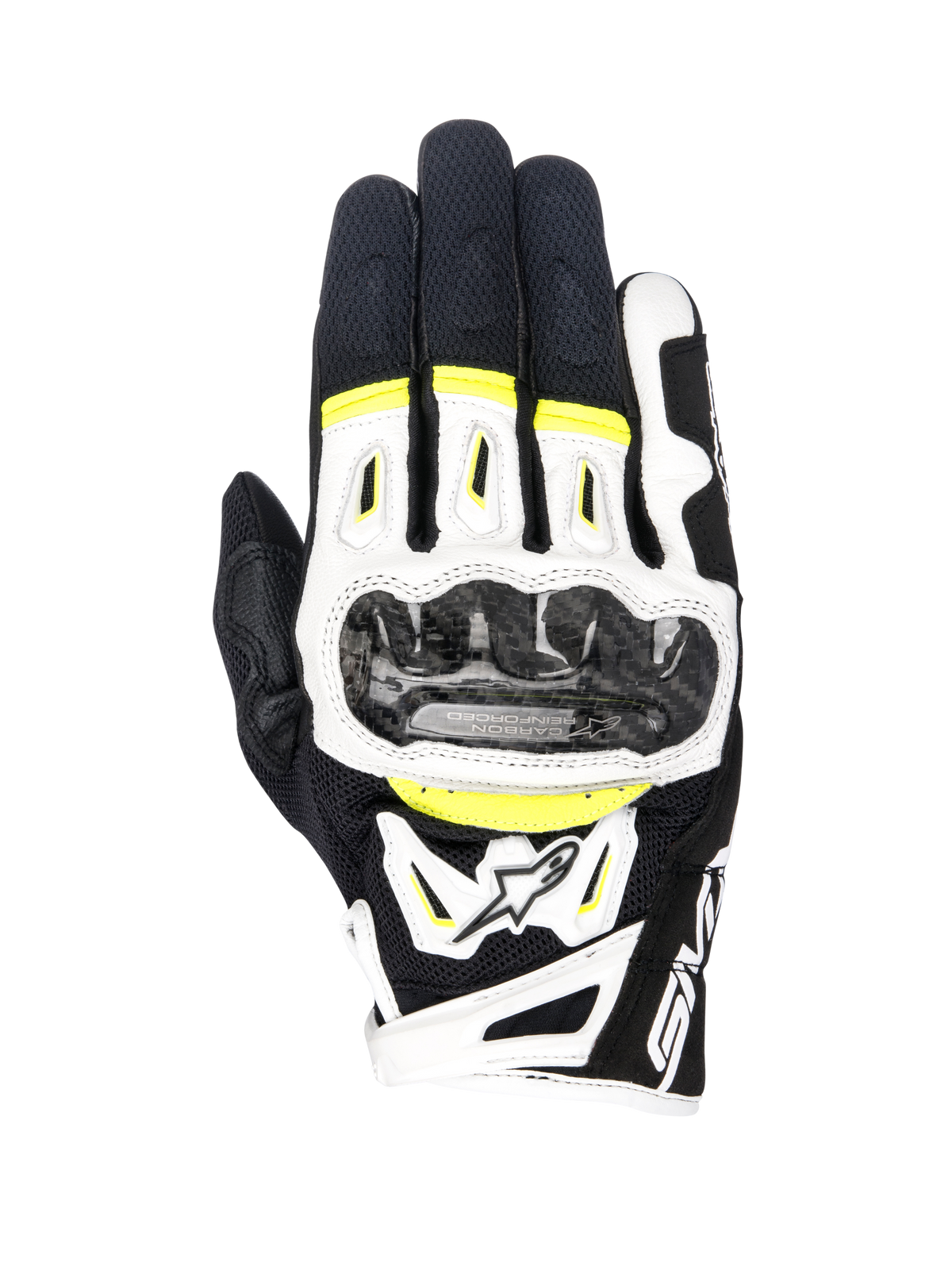 Alpinestars SMX-2 Air Carbon V2 handschoenen, sportieve motorhandschoenen, zwart, wit en fluogeel, voorzien van carbonvezel versterkte knokkelbescherming, ademend 3D-mesh en witte lederen panelen op de handrug