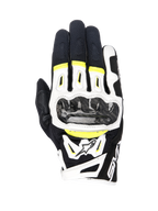 Alpinestars SMX-2 Air Carbon V2 handschoenen, motorhandschoenen, zwart wit en geel fluo, voorzien van carbon knokkelbeschermers, 3D-mesh en leren constructie, sportieve weguitrusting met fluorescerende accenten