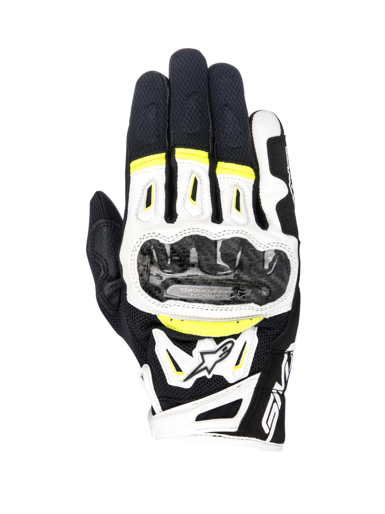 Alpinestars SMX-2 Air Carbon V2 handschoenen, motorhandschoenen, zwart wit en geel fluo, voorzien van carbon knokkelbeschermers, 3D-mesh en leren constructie, sportieve weguitrusting met fluorescerende accenten