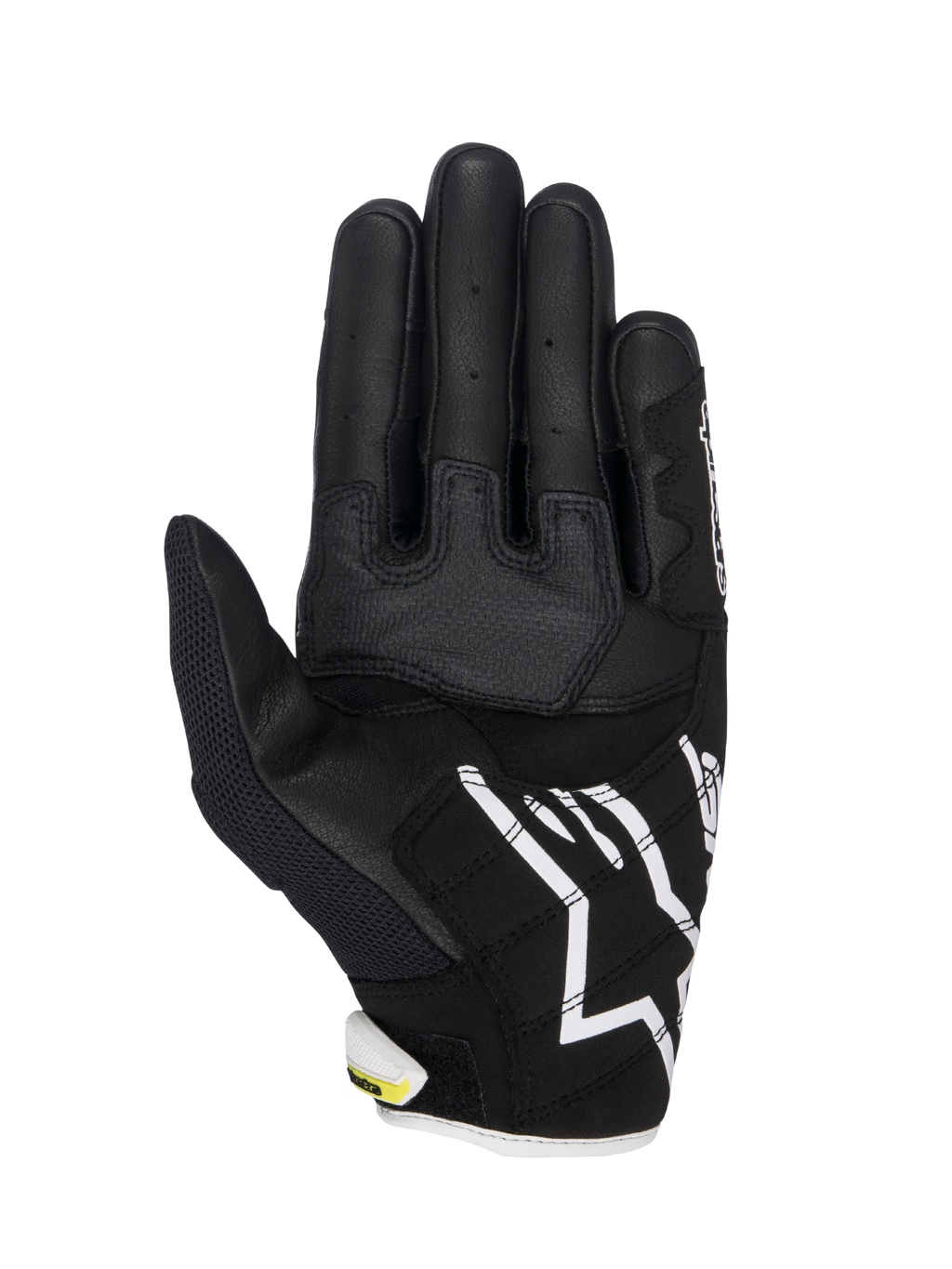 Alpinestars SMX-2 Air Carbon V2 handschoenen, motorhandschoenen, zwart en wit met fluorescerend gele accenten, handpalmweergave met leer en 3D mesh constructie, versterkte grippanelen, wit Alpinestars logo op de manchet