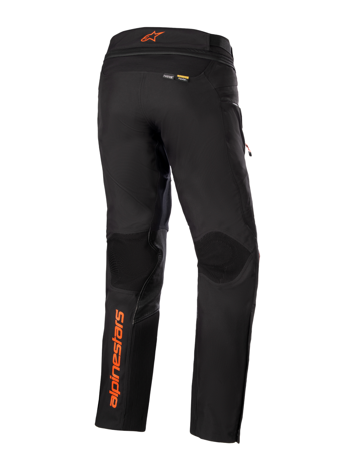 Alpinestars AMT-10R Drystar® XF broek, zwart met oranje accenten, achteraanzicht met verticaal oranje Alpinestars-logo op het linkerbeen, getextureerde kniepanelen en Kevlar- en Matryx-branding, technische adventure touring motorbroek.