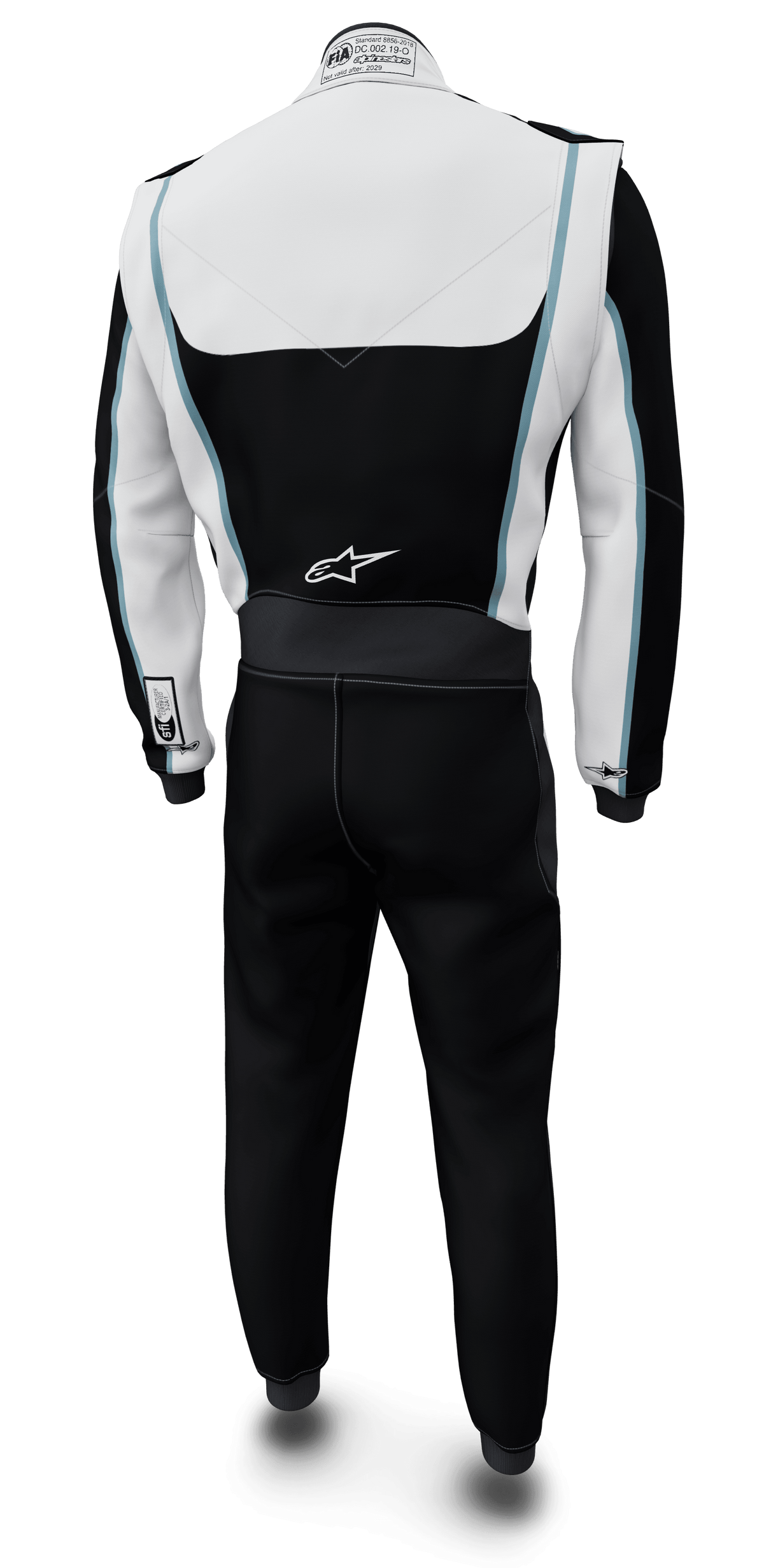 Alpinestars Tech Vision V3 op maat gemaakt autoracepak, zwart-wit met blauwe details, FIA/SFI-gecertificeerd, achteraanzicht.