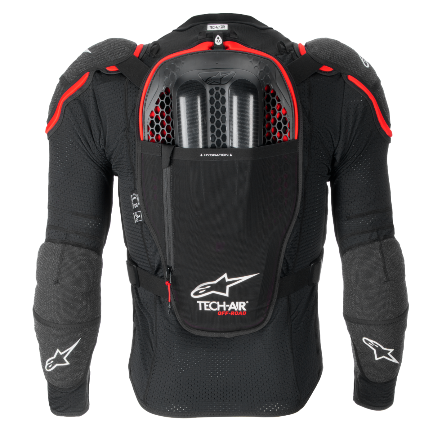 Tech-Air® Off-Road Systeem achteraanzicht in zwart en rood, met Nucleon CELL-bescherming en een hydratatievak.
