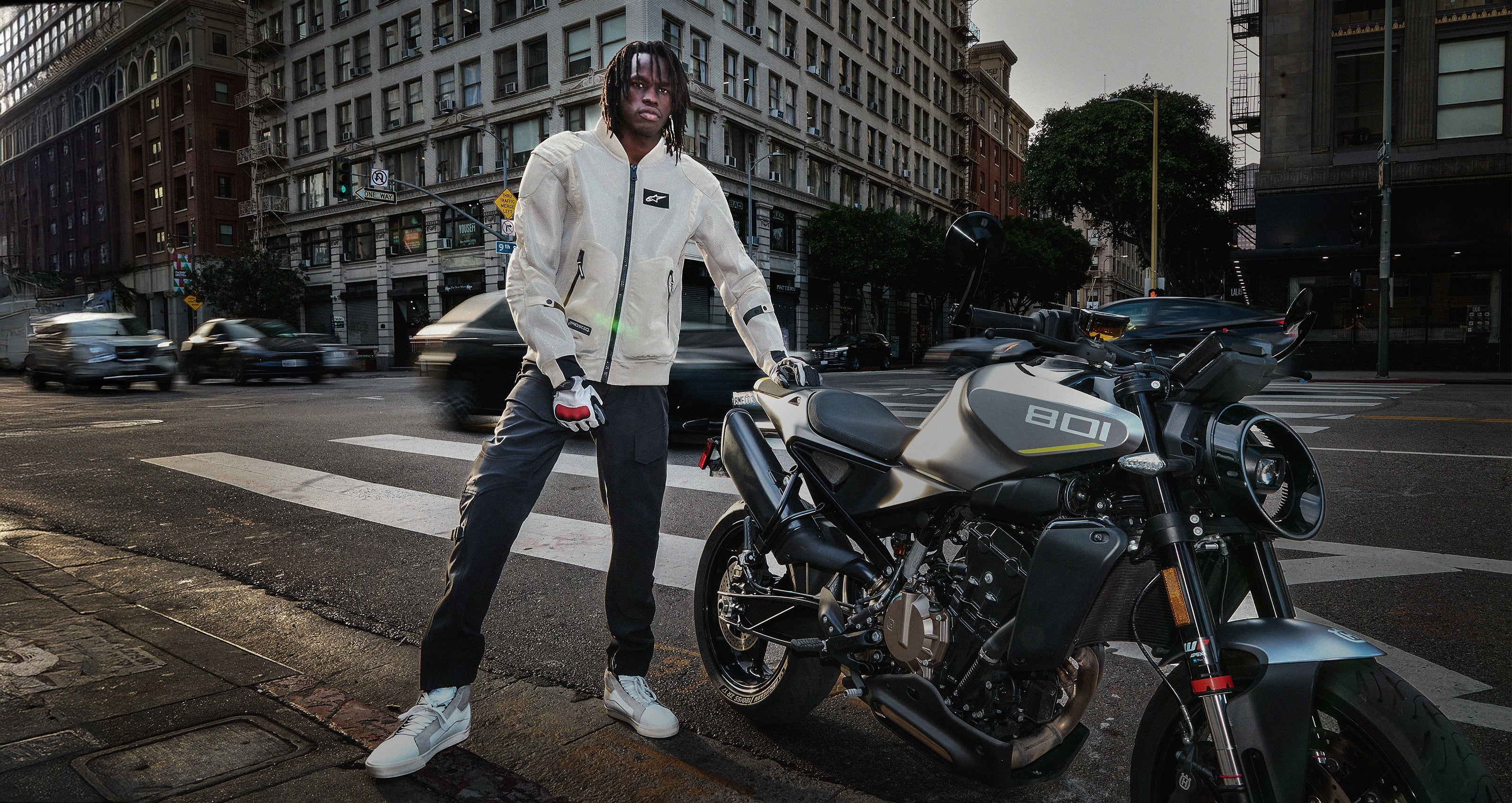 Alpinestars Urban Riding Gear, Men's Off-White Textile Jacket and Black Technical Pants for Street Riding, City Lifestyle.