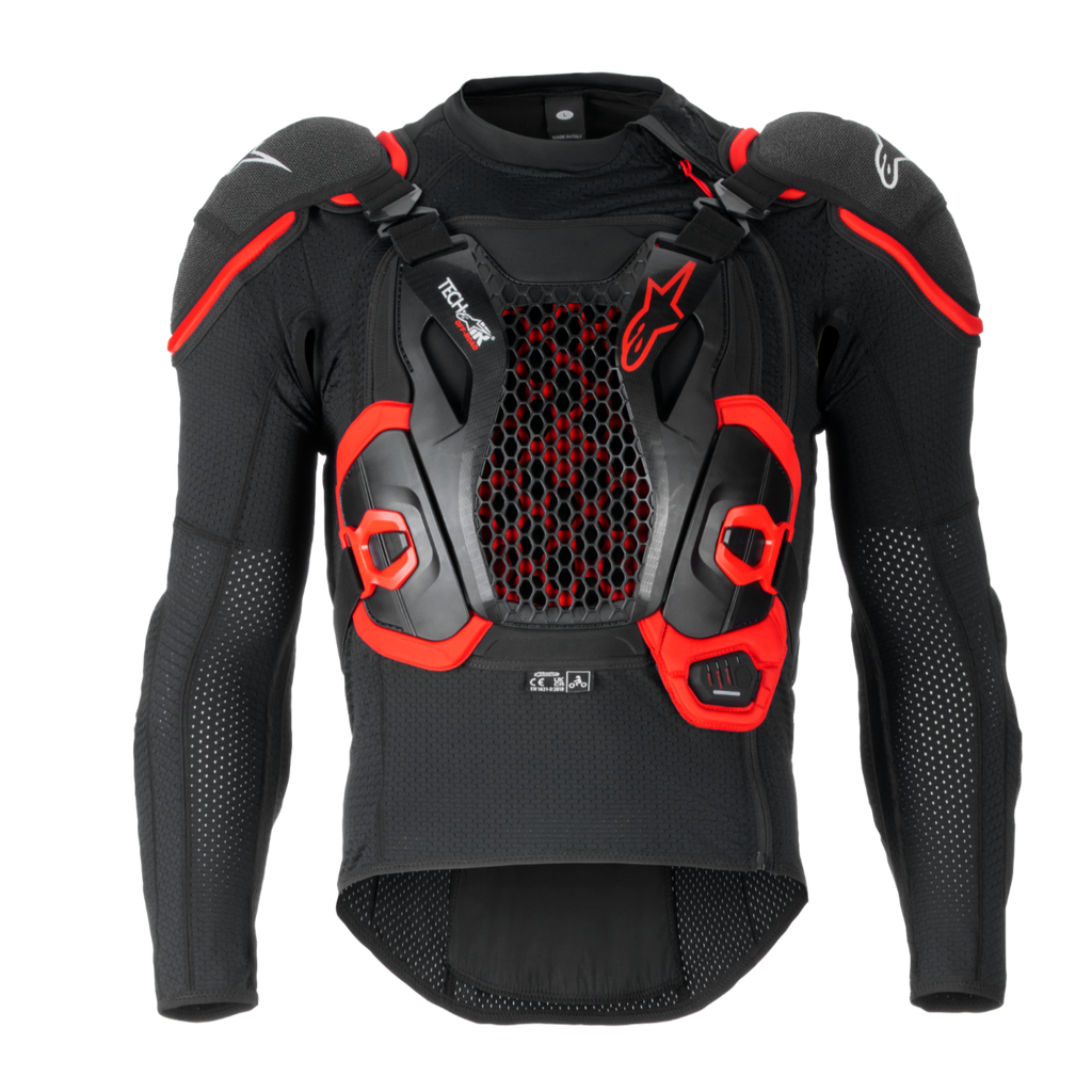 Tech-Air® Off-Road Systeem, zwart en rood motor airbagvest met zeshoekig mesh borstpaneel en schouderbescherming.
