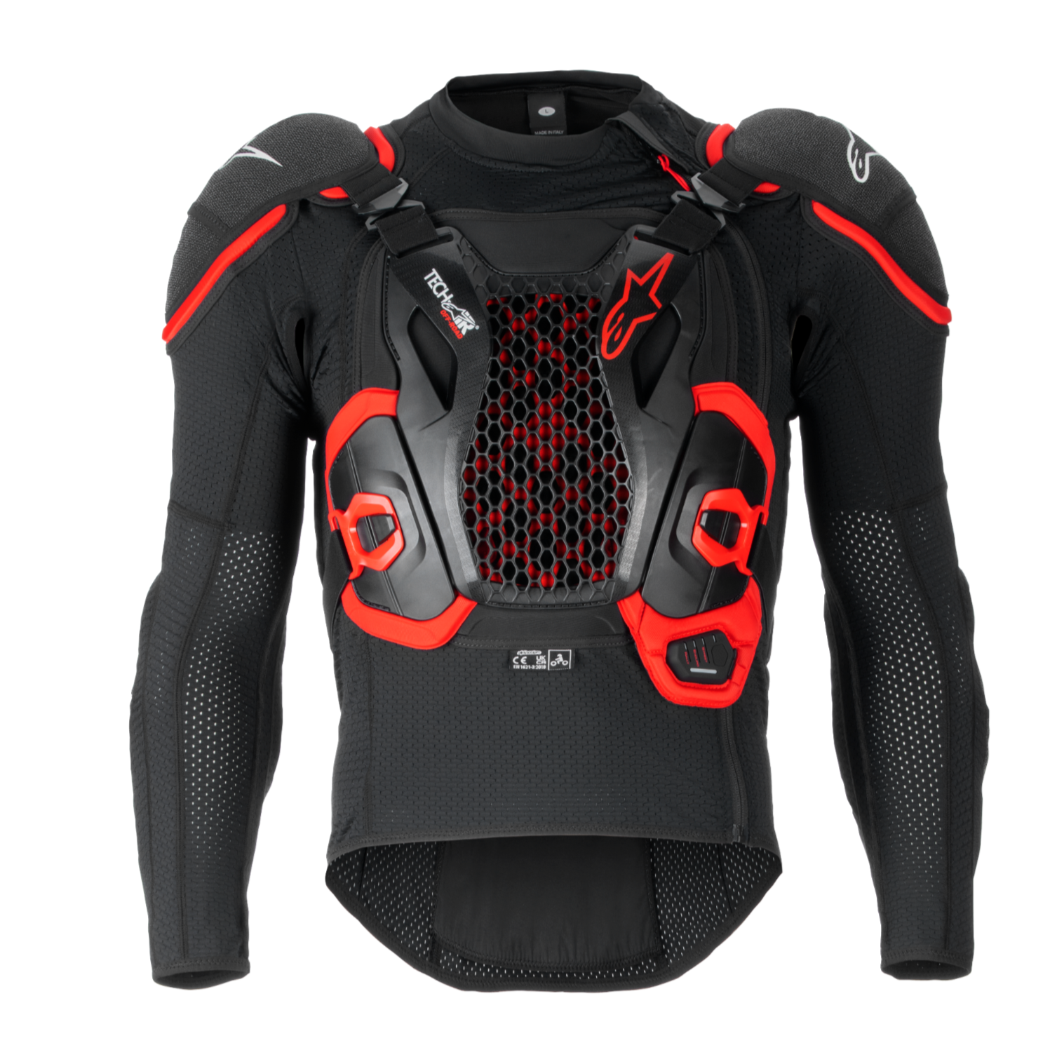 Tech-Air® Off-Road Systeem, zwart en rood motor airbagvest met zeshoekig mesh borstpaneel en schouderbescherming.