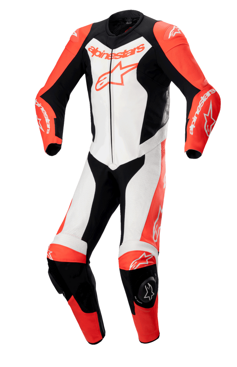 Alpinestars GP Force Lurv 1-delig leren pak, professioneel motorracepak, rood fluo met wit en zwart, runderleren constructie met geperforeerde panelen, DFS Lite schouderbescherming, kniesliders en Alpinestars branding