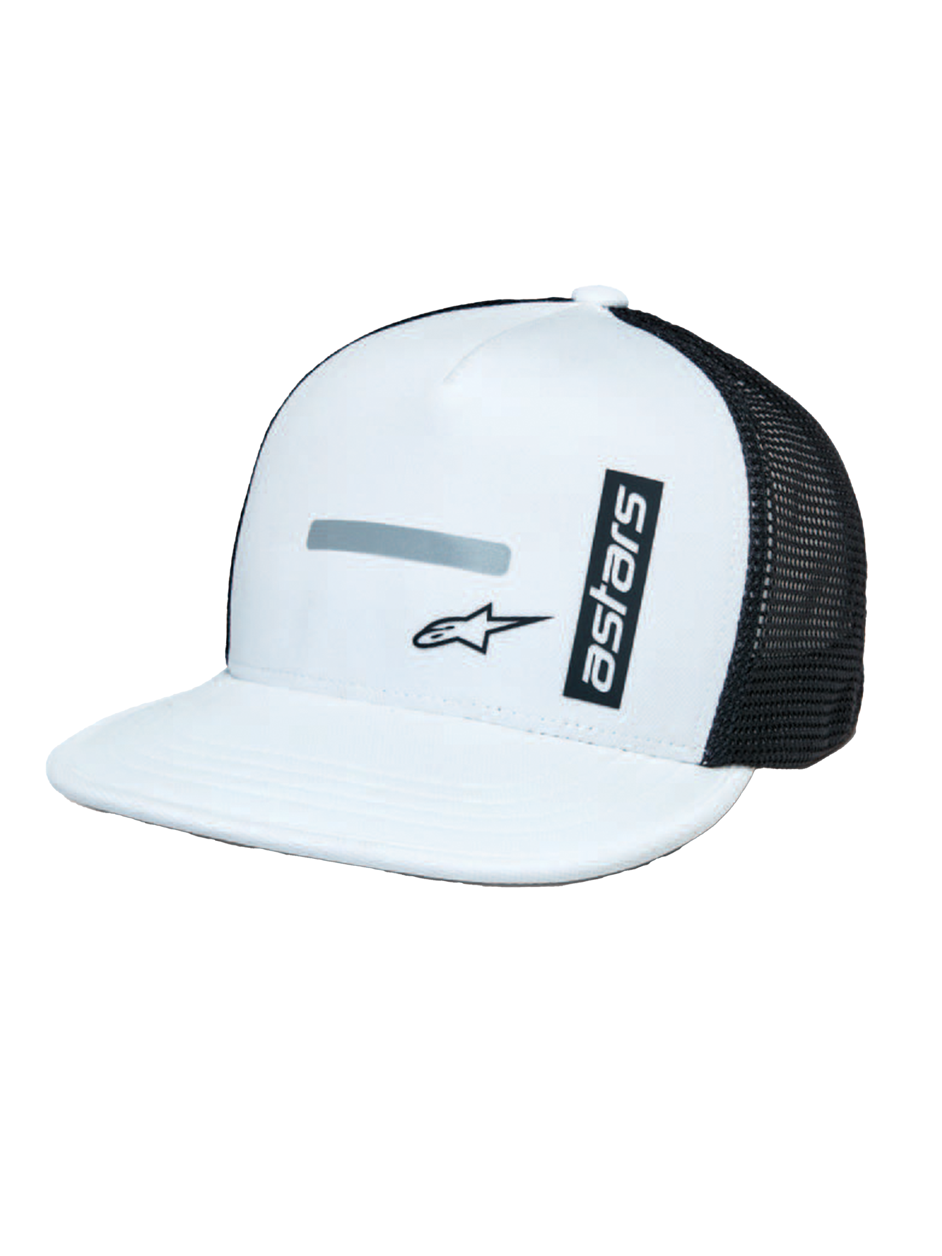 Alpinestars Alter Trucker pet, wit en zwart, gestructureerde witte kroon en platte klep, zwarte mesh achterpanelen, verticale 'astars' branding en reflecterende logoprint, casual op motorsport geïnspireerde pet
