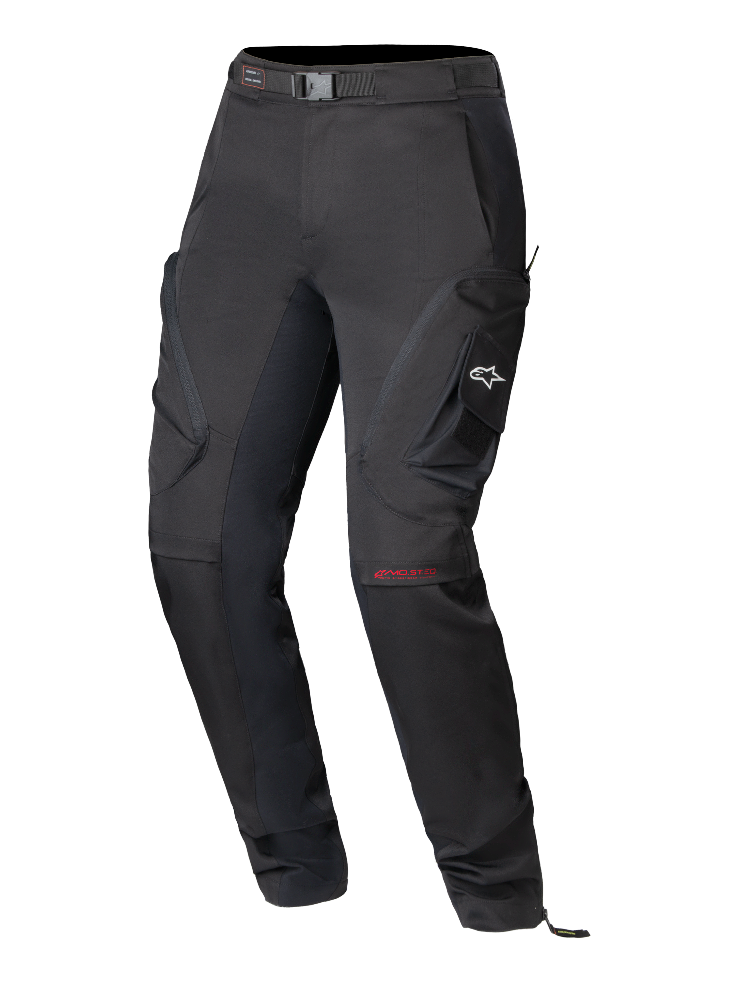 Alpinestars Actea damesbroek, zwarte motorbroek, technisch wegontwerp met cargo-zijzakken voorzien van een wit A-star logo, rode MO.ST.EQ-branding op de knie, geïntegreerde tailleriem en een moderne toelopende pasvorm