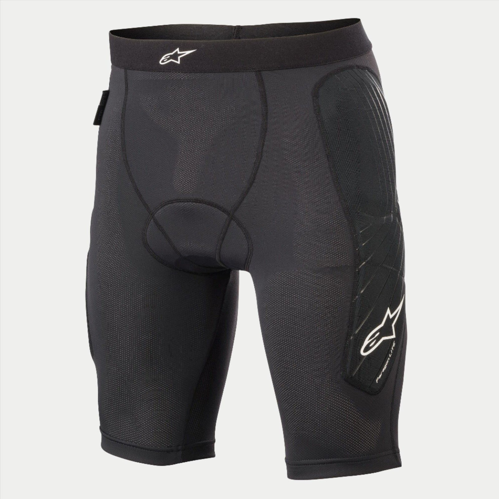 Alpinestars Youth Paragon Lite Protection Short, Cycling Protection Shorts, Black, featuring breathable mesh fabric, integrated hip padding, white Alpinestars logo on the waistband and side leg, lightweight protective under-short for MTB