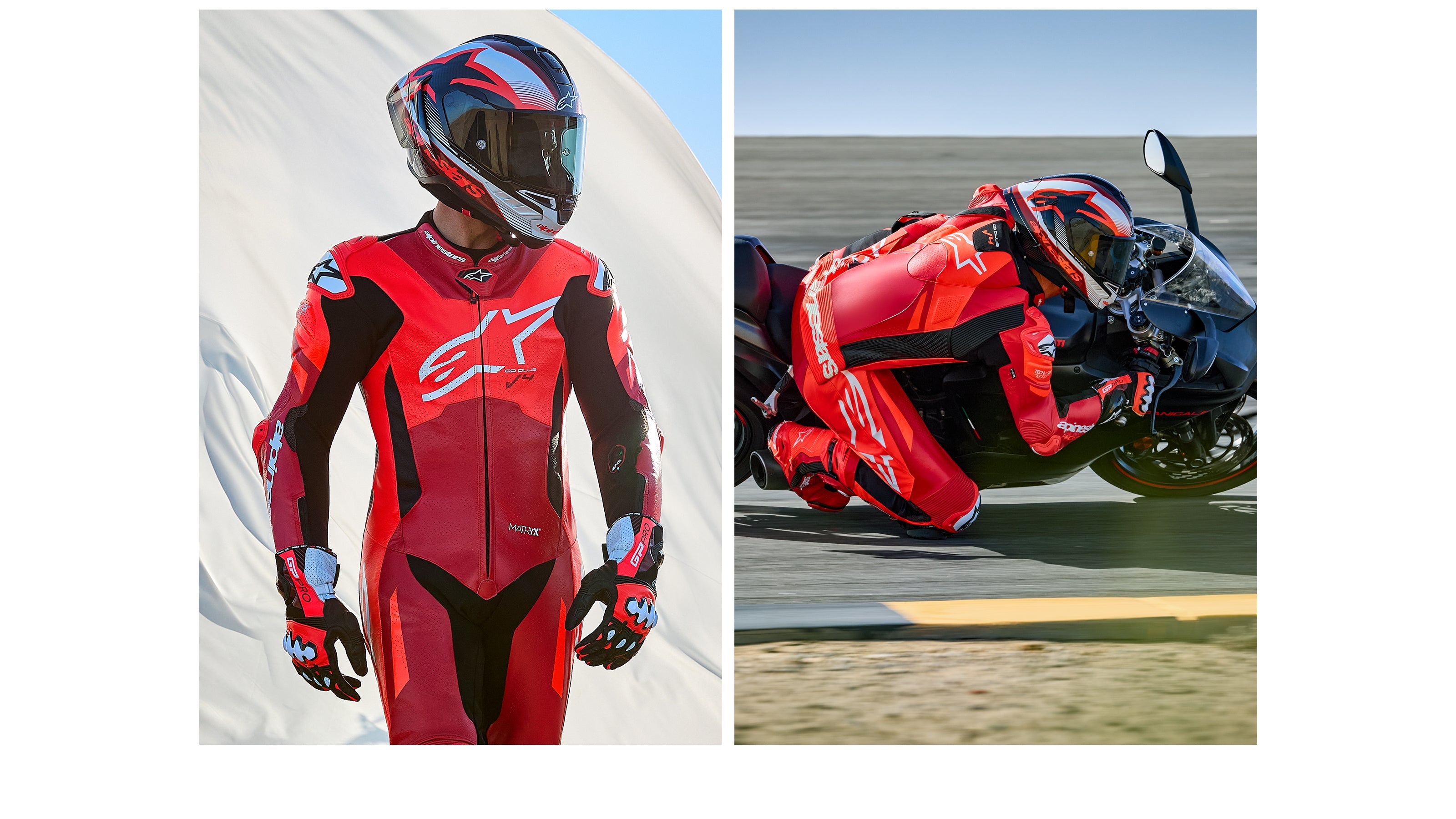 Alpinestars GP Plus V4 Sprint 1-Piece Leather Suit, Men's Black and Red motorcycle racing suit, Tech-Air ready, in action.