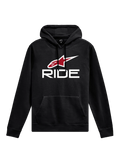 Alpinestars Ride Hoodie V 3, casual sportkleding, zwart met witte RIDE-tekst en rood sterlogo, kangoeroezak aan de voorzijde, capuchon met trekkoord, geribbelde manchetten en zoom, op motorsport geïnspireerd ontwerp