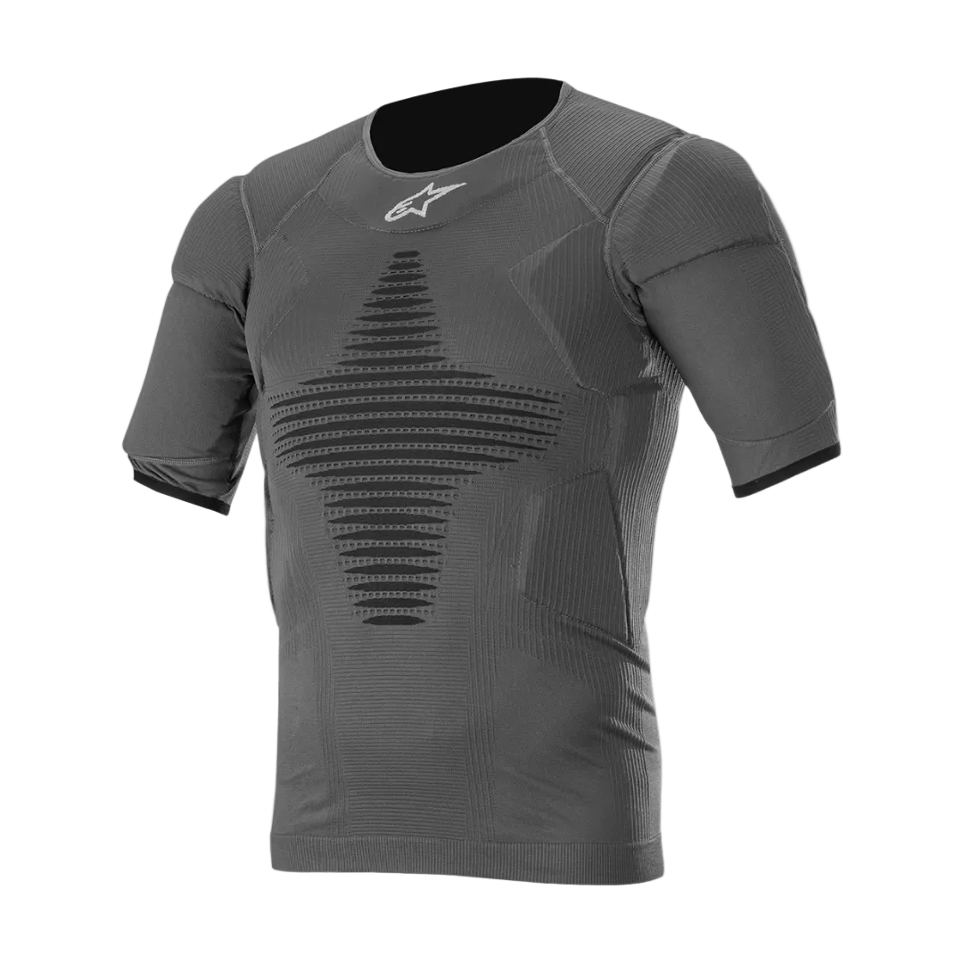 Alpinestars Roost technische layertop, motocross en off-road basislaag voor heren, antraciet zwart, korte mouwen, ademend gebreid ontwerp met strategische gewatteerde zones voor bescherming tegen opspattend vuil.