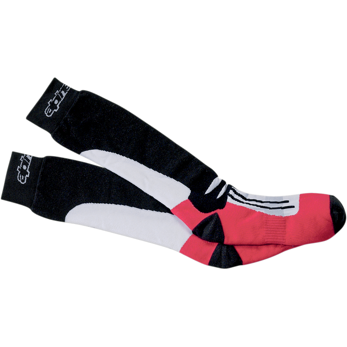 Alpinestars Road Racing Zomersokken, motorracingsokken, zwart, wit en rood, een paar halfhoge sokken met zwarte boorden en wit logo, wit grafisch middengedeelte en rood voetgedeelte, ademende sportieve constructie