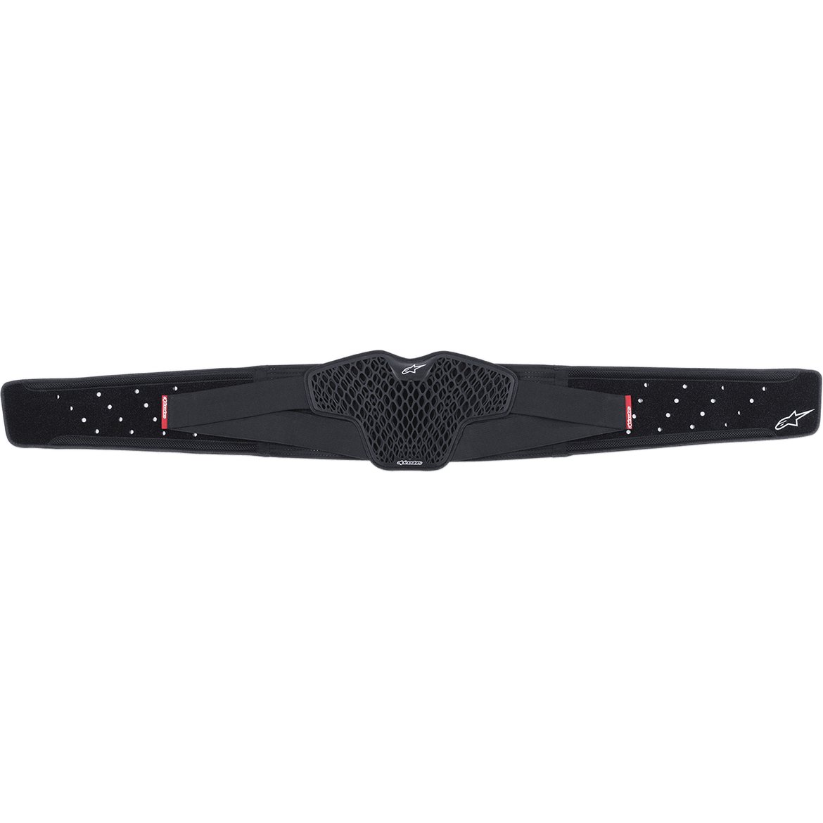 Alpinestars Sequence Niergordel, zwarte motor niergordel met centrale hexagonale TPR-celstructuur, geperforeerde banden met kleine rode details en wit logo, ergonomische lumbale ondersteuning voor off-road en motocross racen