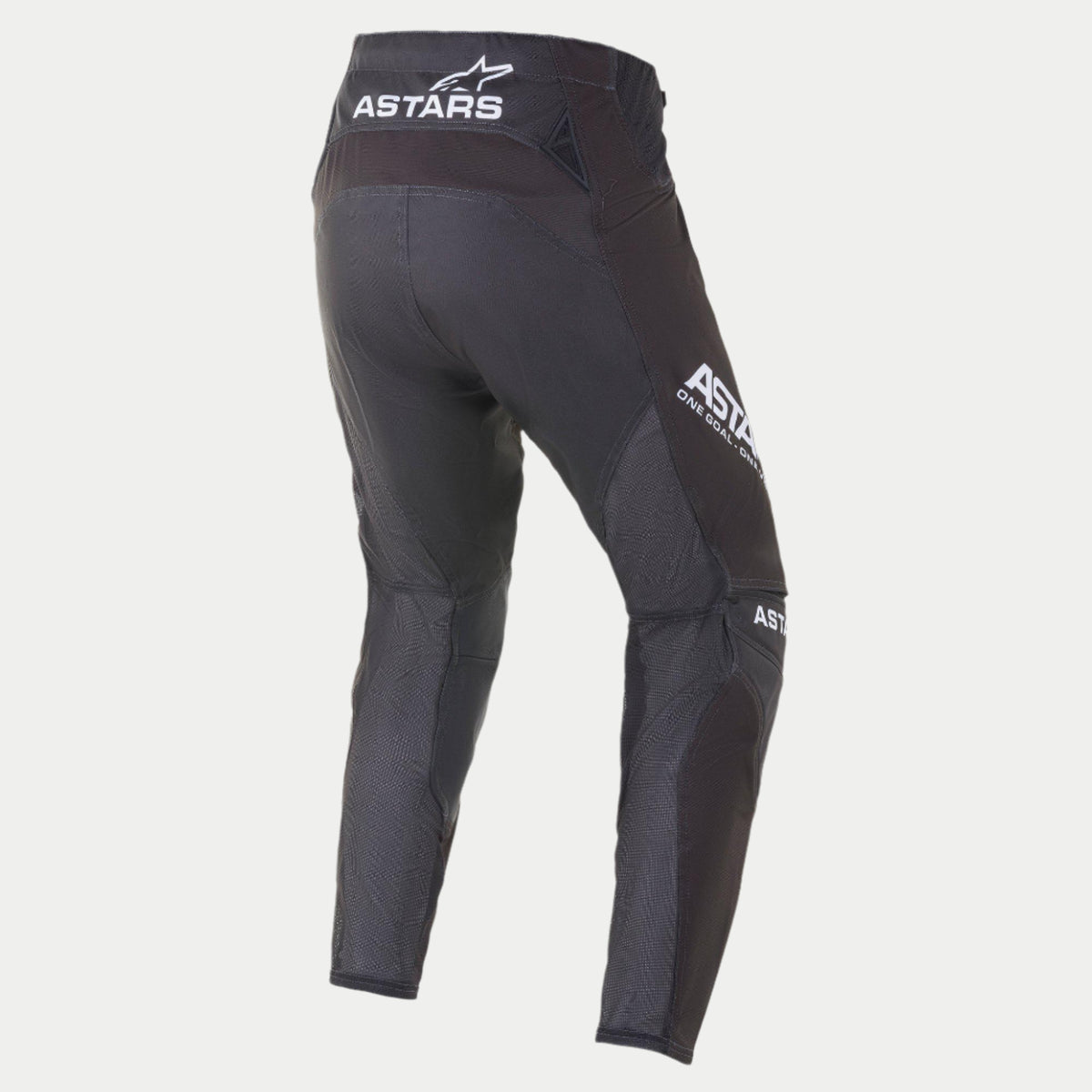 Alpinestars 2021 Techstar Phantom broek, motorcrossbroek, zwart en wit, achteraanzicht met witte ASTARS-branding op de tailleband en zijkant van het dijbeen, antracietkleurige getextureerde mesh-panelen op de benen en een sportief race-fit ontwerp.