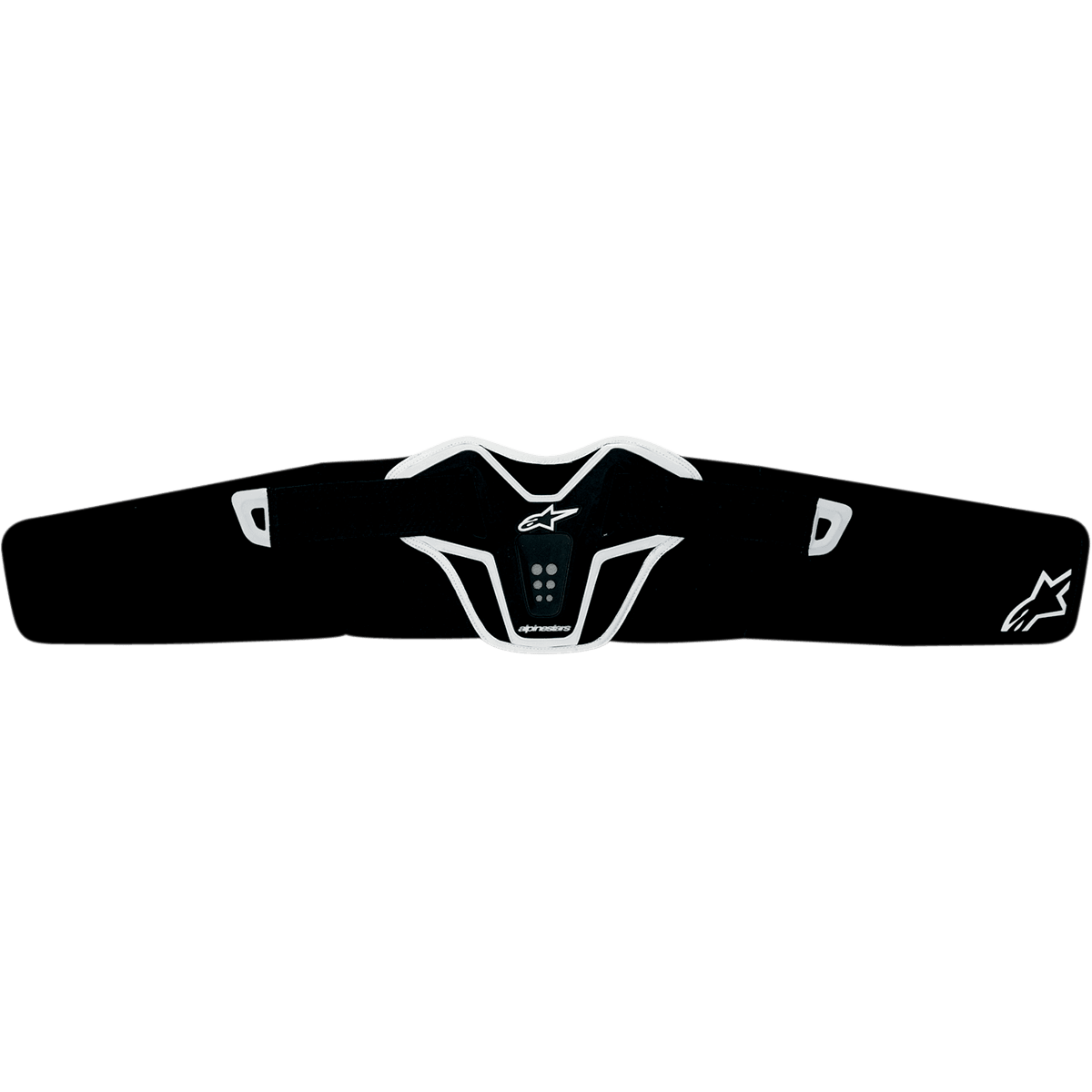 Alpinestars Saturn niergordel, motor niergordel, zwart en wit, ergonomisch gebogen ontwerp met versterkt TPR-paneel, voorzien van ventilatie-openingen en Alpinestars-logo, lichtgewicht off-road beschermingsuitrusting