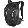 Alpinestars Tech Aero rugzak, motorrugzak, zwart met witte en zilveren accenten, aerodynamisch profiel met gewatteerde anatomische schouderbanden, meerdere compartimenten met ritssluiting, zijvakken van mesh en reflecterende biezen